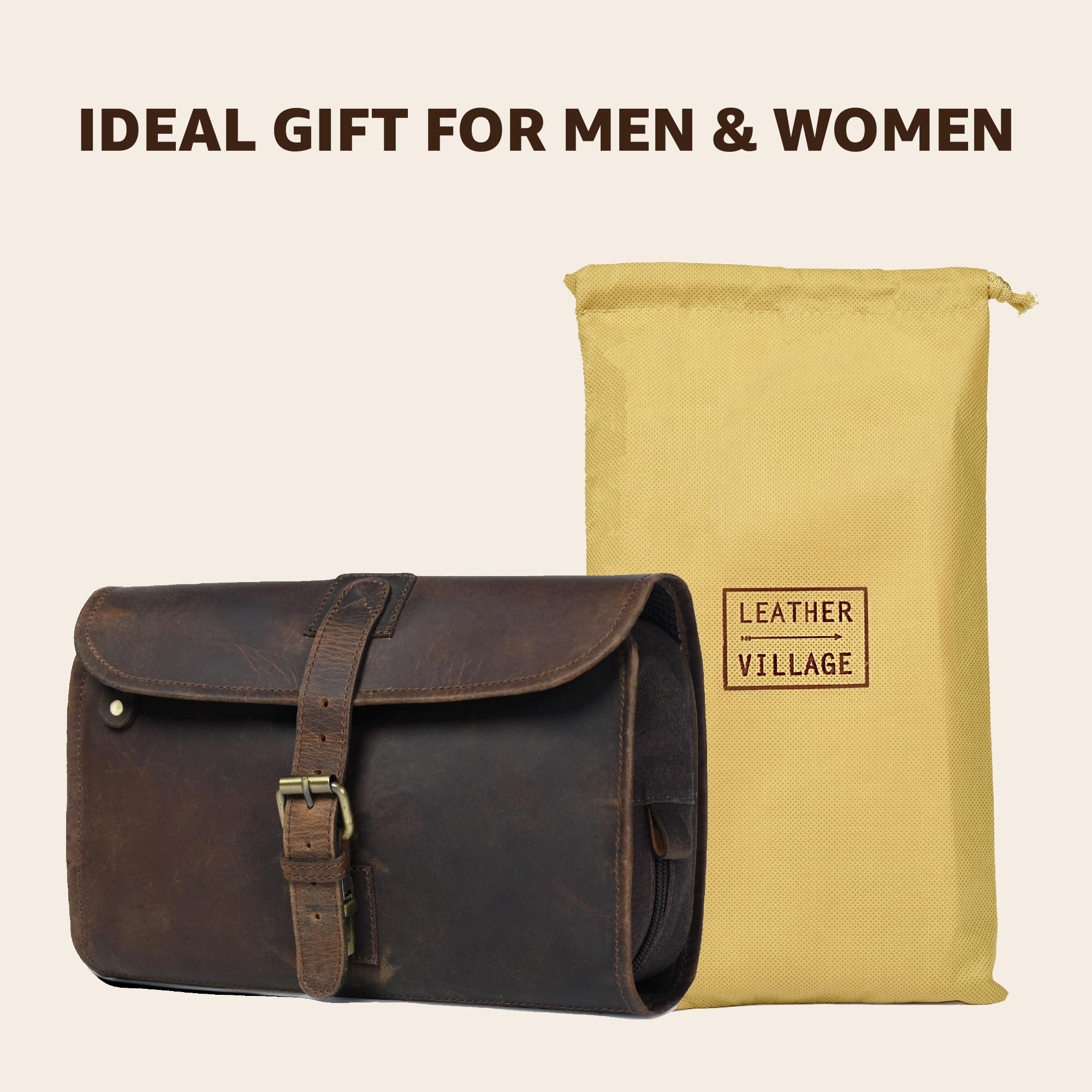 Leather Village compact-to-expanded design provides flexible space for toiletries