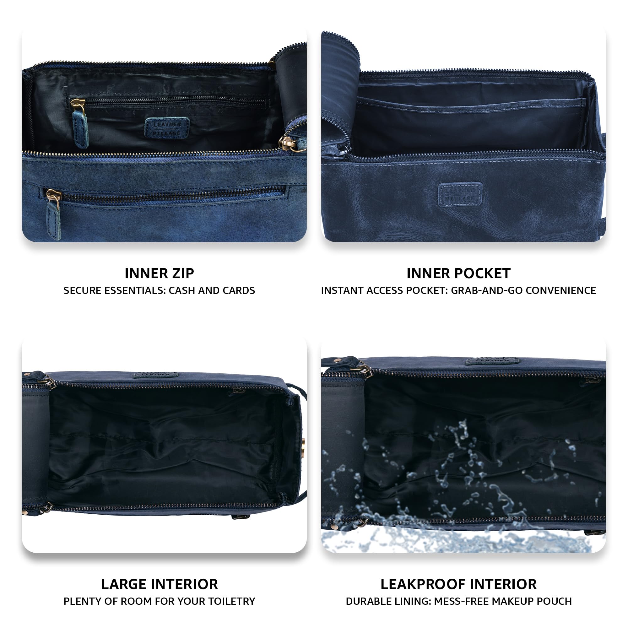 Leather Village toiletry bag exterior pocket adds quick access to essentials