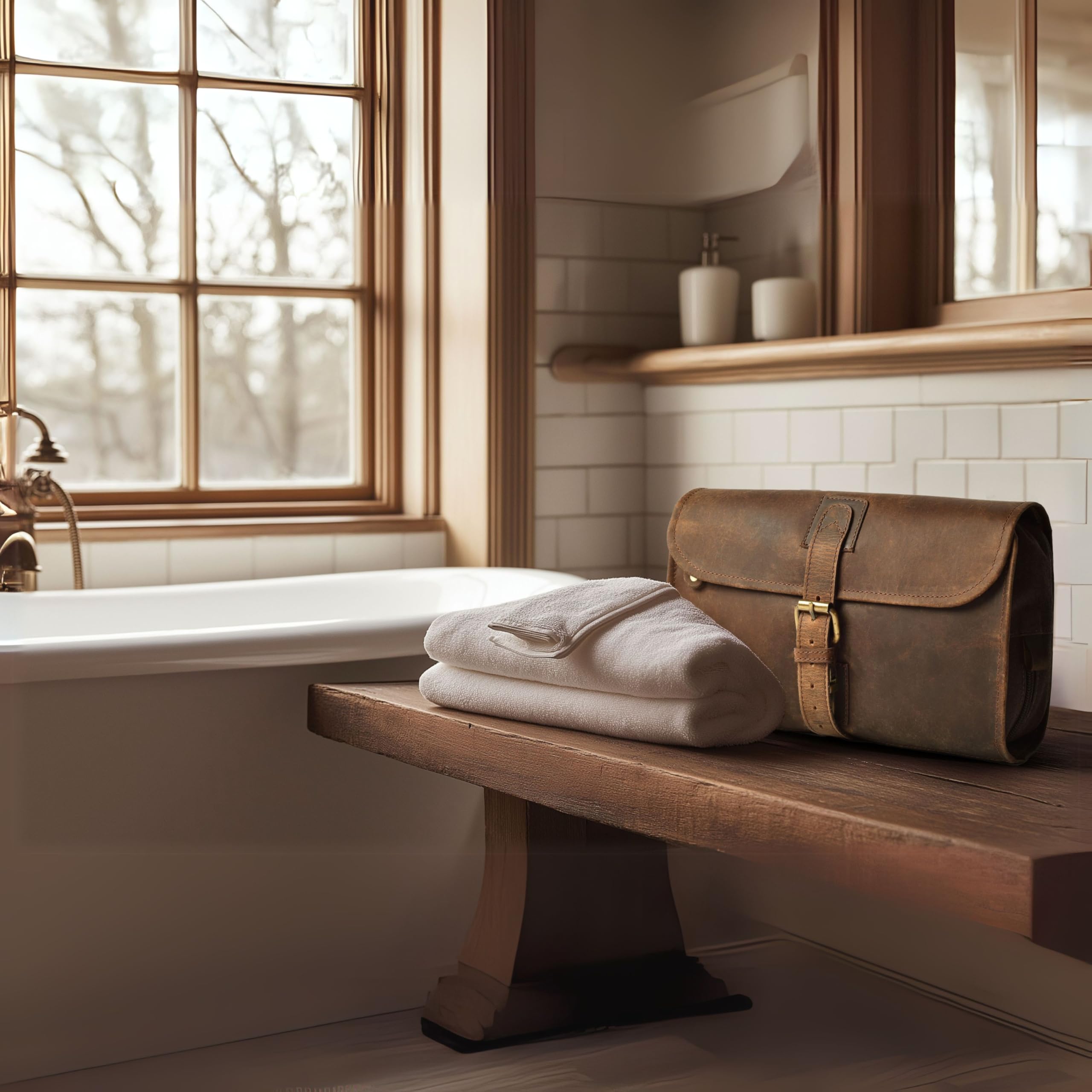 Leather Village bag hanging on a hotel hook for easy bathroom access