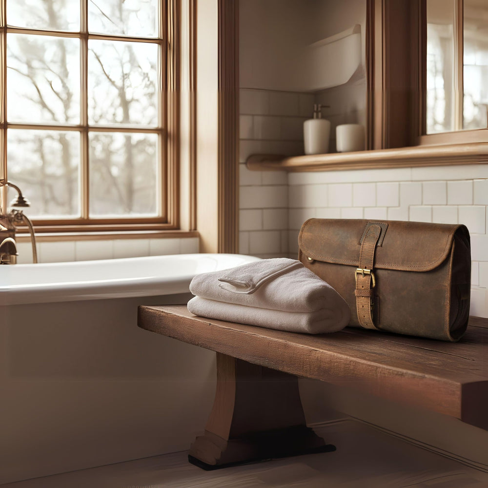 Leather Village bag hanging on a hotel hook for easy bathroom access