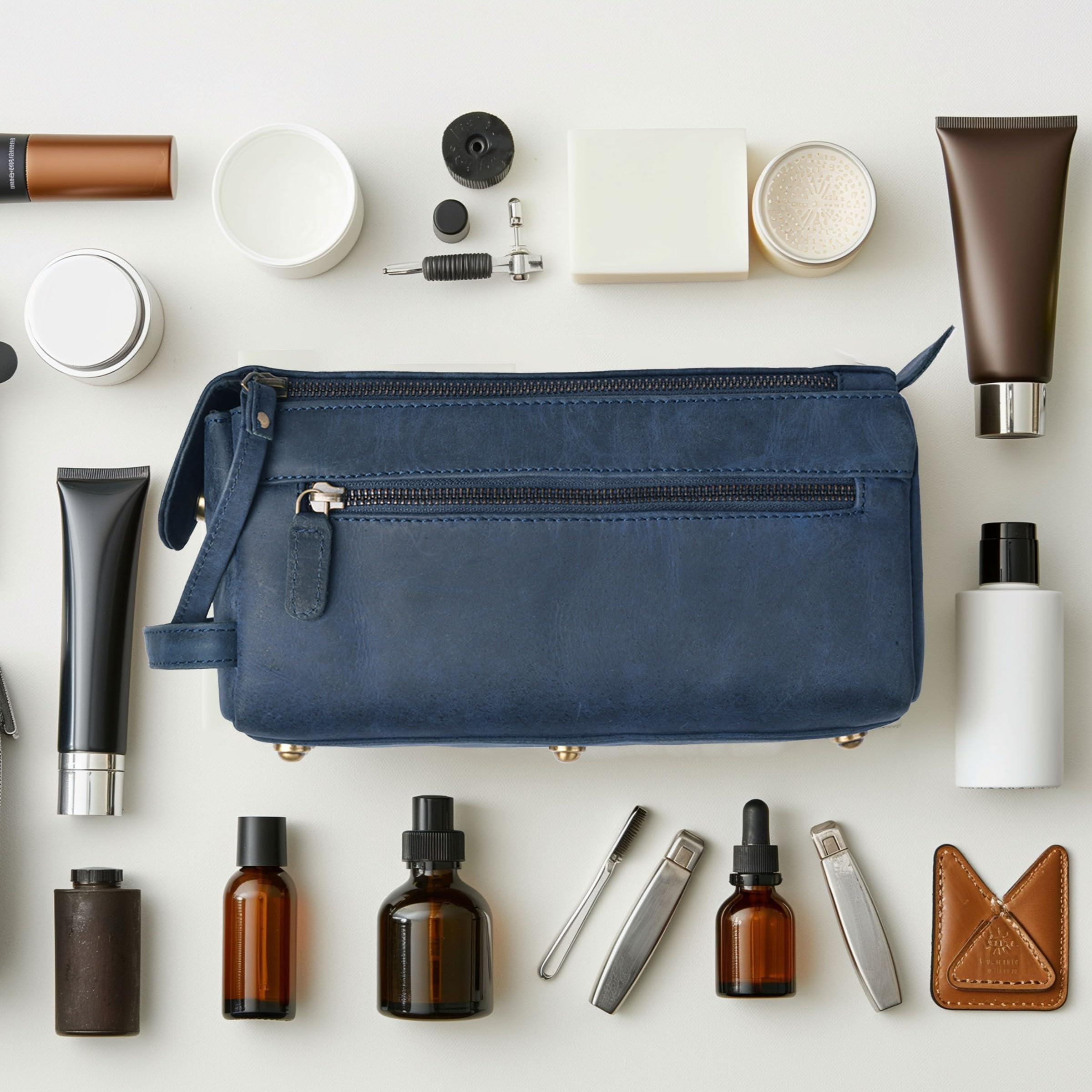 Leather Village toiletry bag interior pockets organize shaving and cosmetics neatly