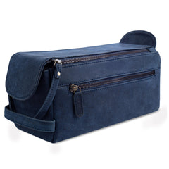 Leather Village toiletry bag royal blue front view shows durable travel-ready design