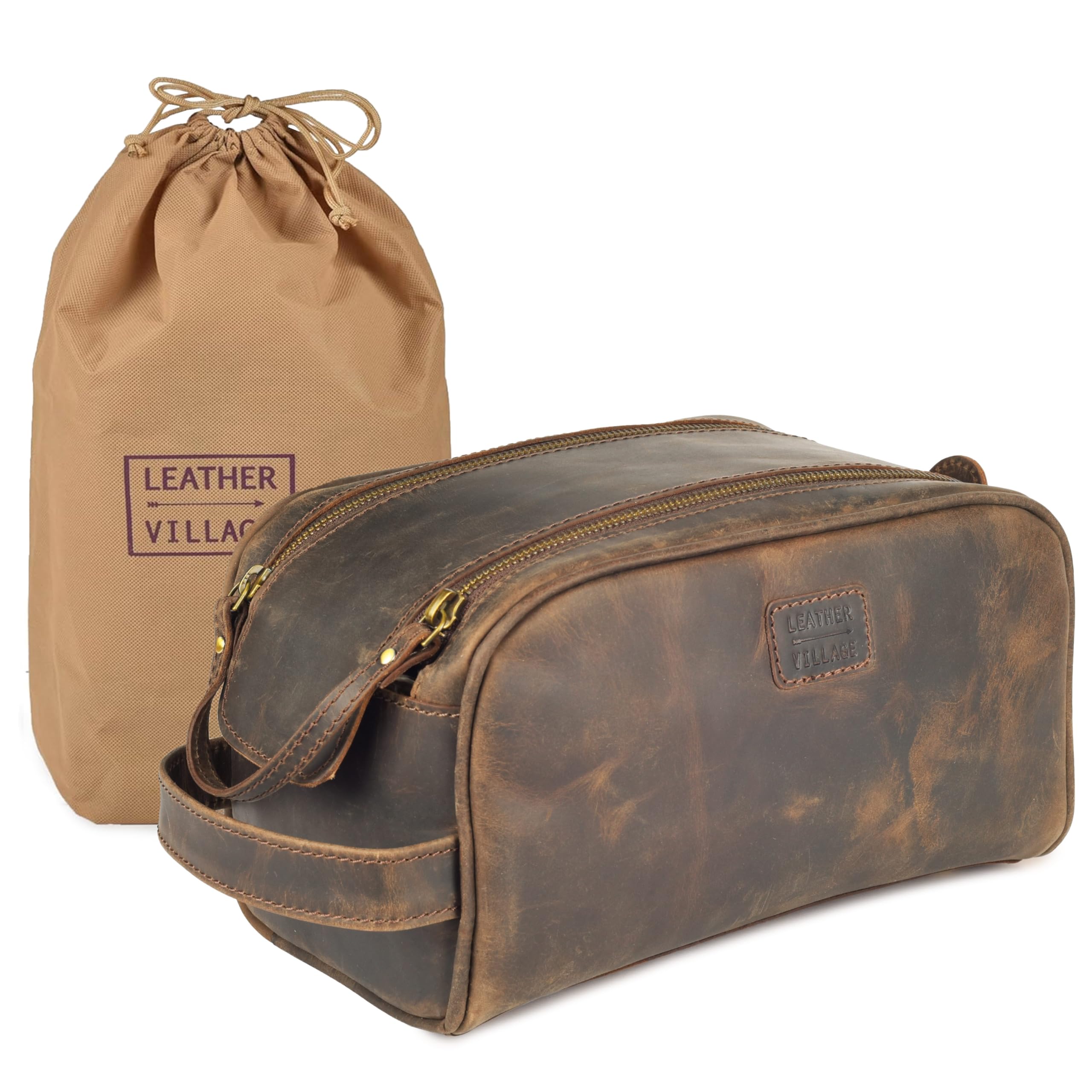 Leather Village toiletry bag size 10x6x6 inches fits essential grooming items.