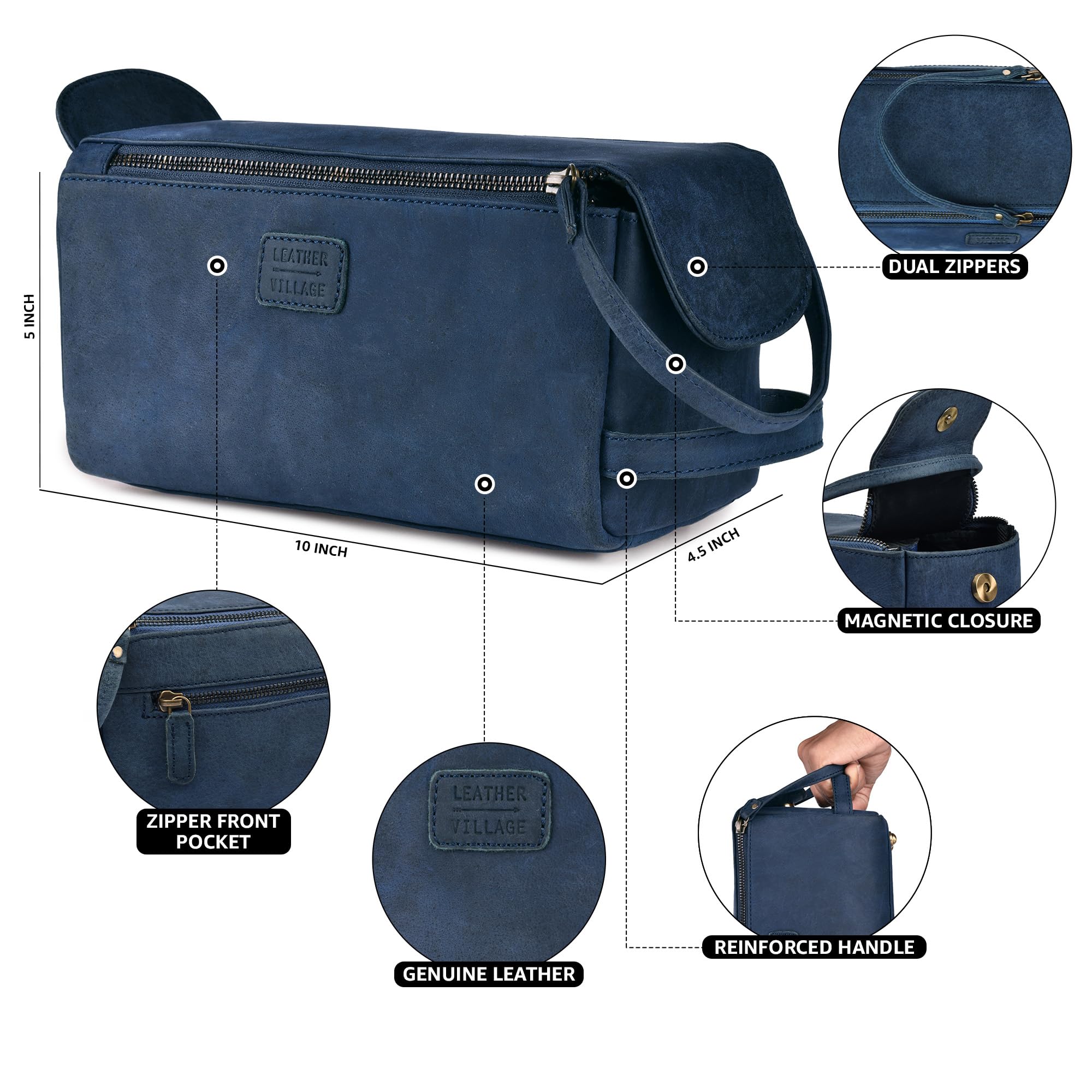 Leather Village toiletry bag YKK zippers ensure smooth, long-lasting closures