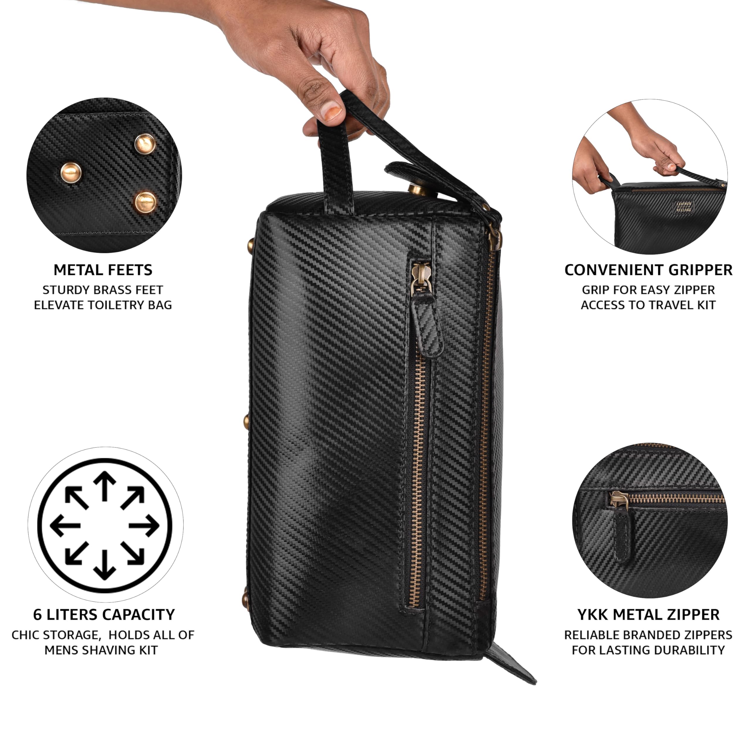 Leather Village water-resistant interior protects contents during travel.
