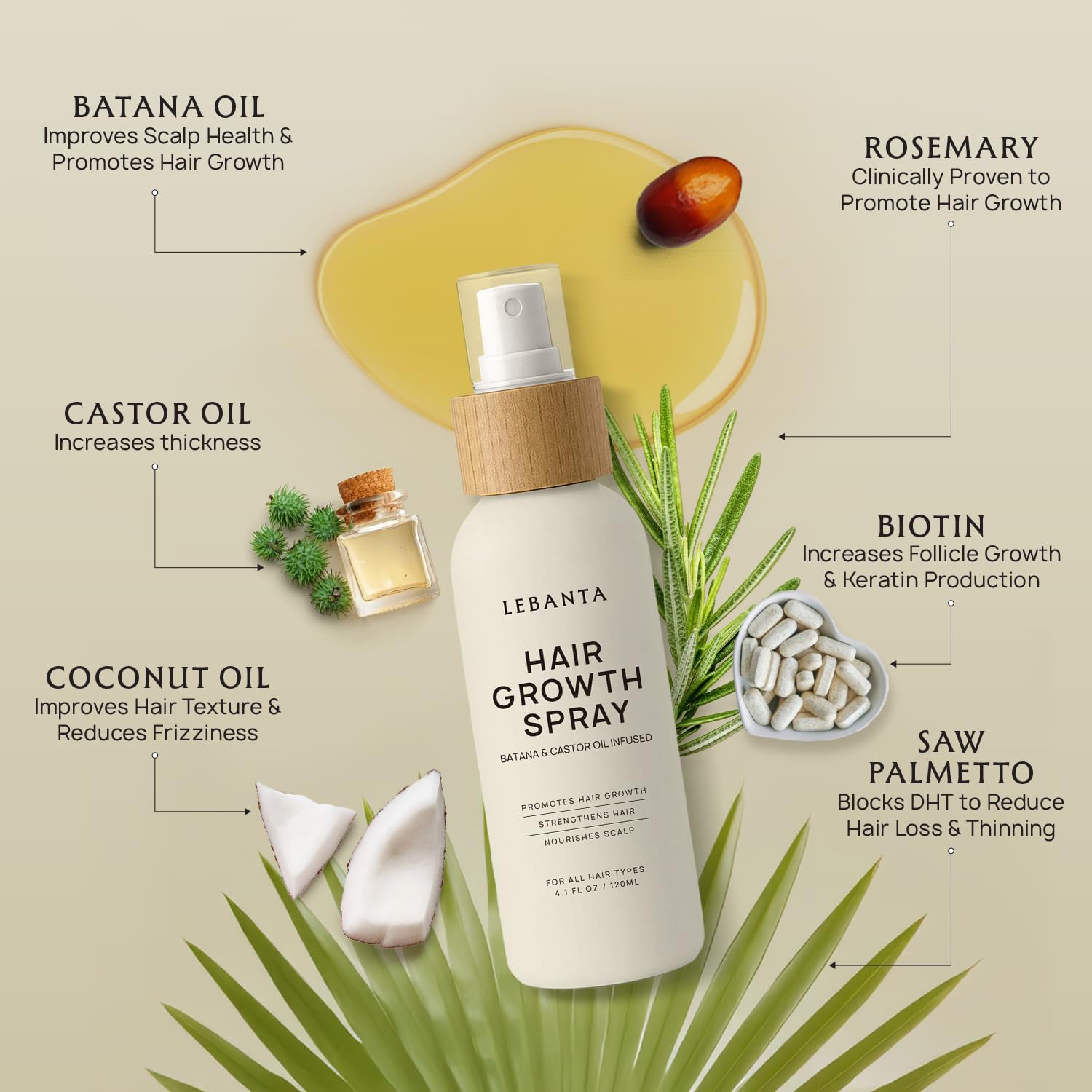 Lebanta Hair Growth Oil Spray cap removed for simple, precise scalp application.