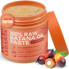 Lebanta Raw Batana Oil bottle closeup for scalp nourishment and shine.