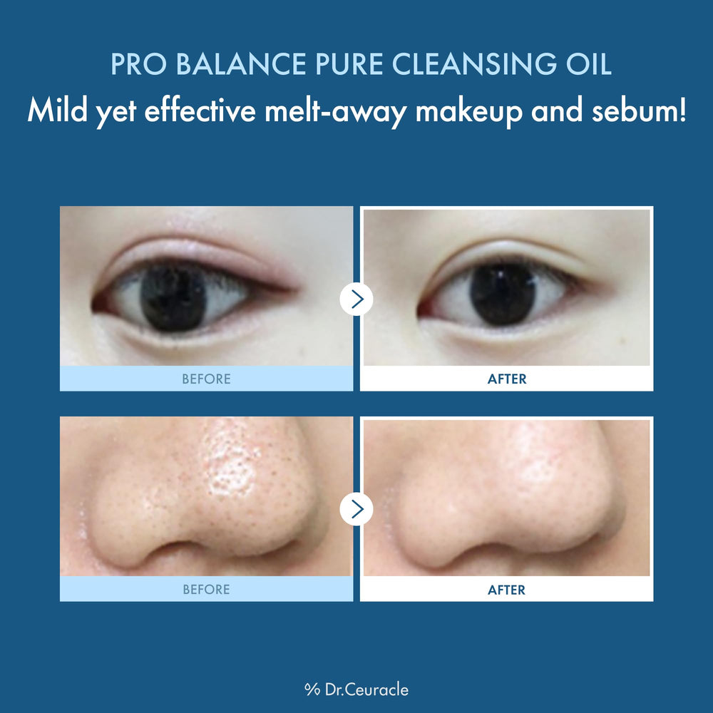 Leegeehaam Dr.Ceuracle Pro Balance Pure Cleansing Oil bottle with milky emulsion after water—gentle cleansing.