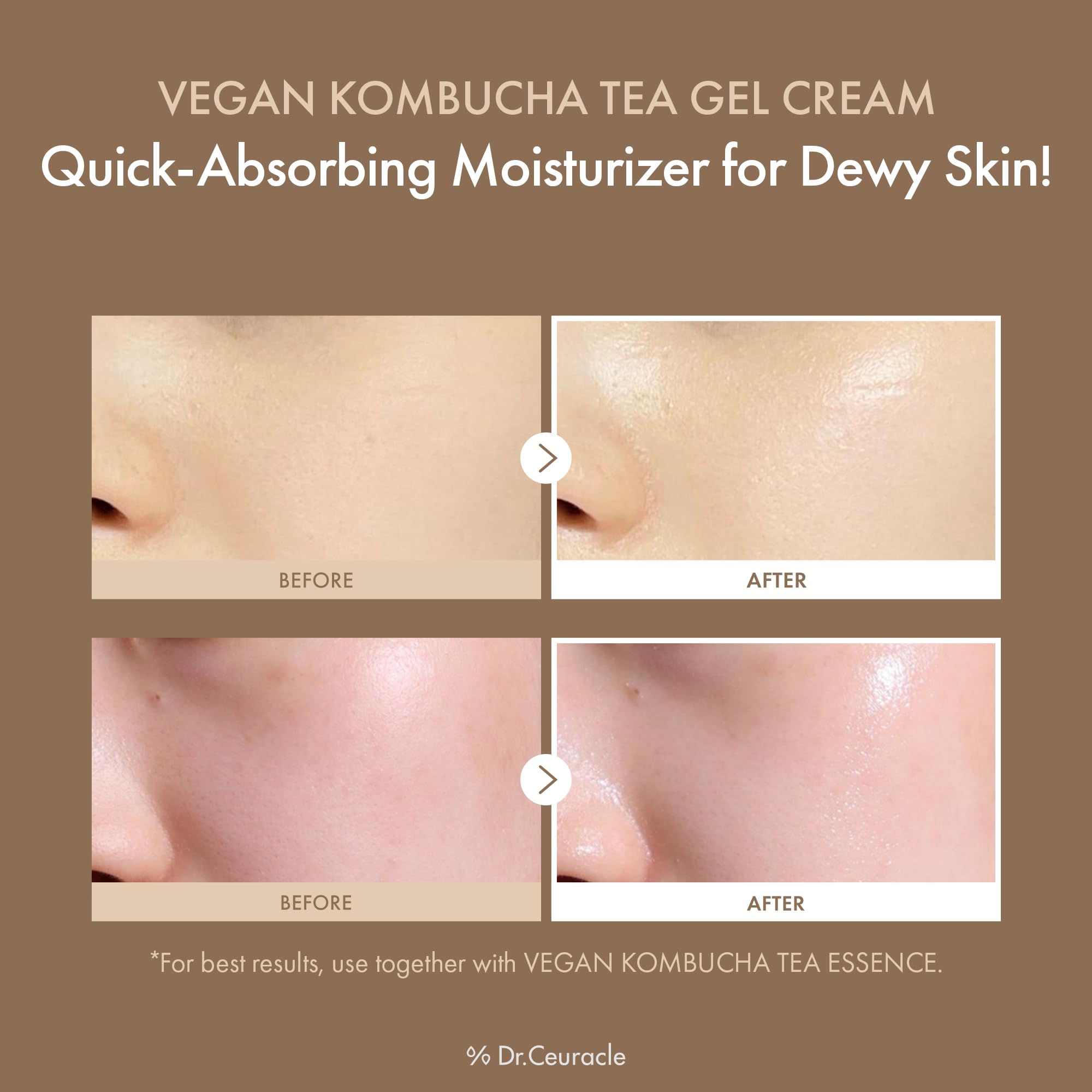 Close-up of vegan kombucha gel texture showing quick-absorb hydration on skin.