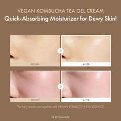 Close-up of vegan kombucha gel texture showing quick-absorb hydration on skin.