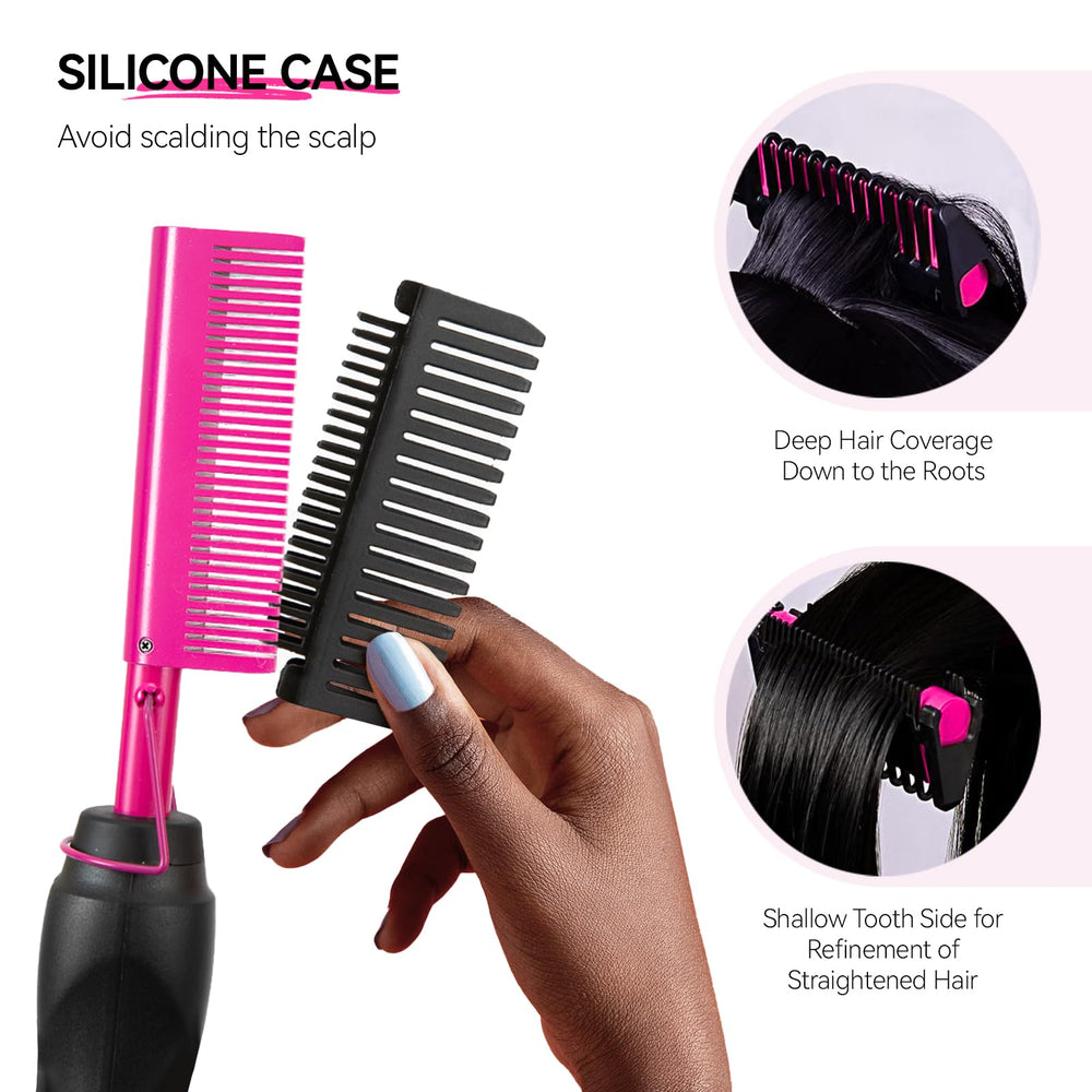 LEEONS Electric Hot Comb temperature settings show three heat levels for different hair types.