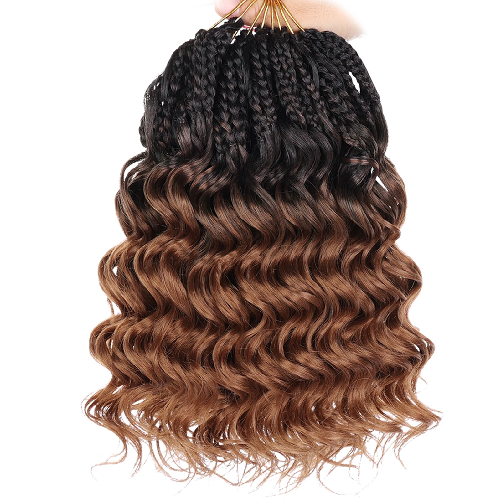 Leeven 10-inch curly crochet hair on model highlights full head and boho style.