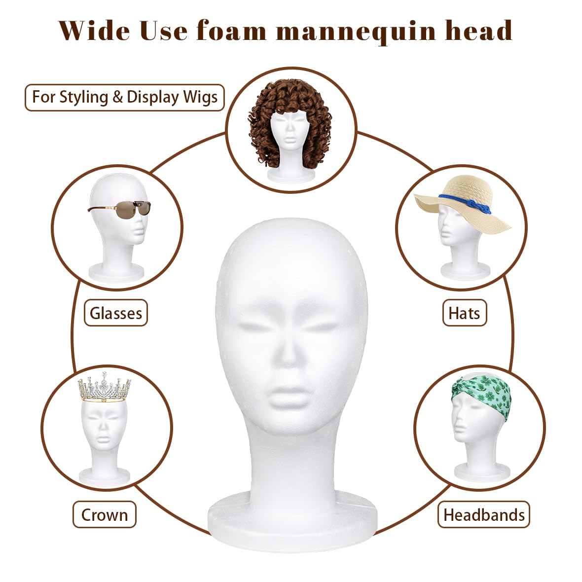 Leeven foam wig head displaying hats and glasses with wigs