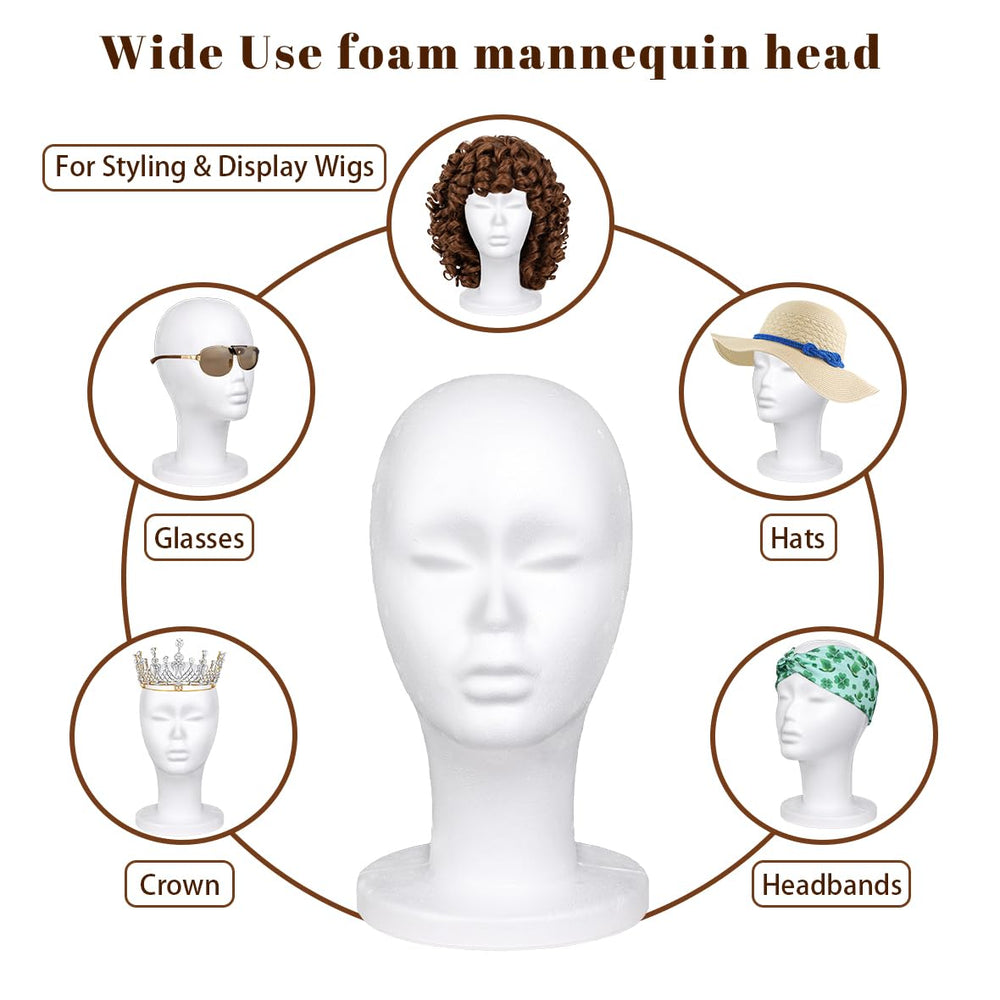 Leeven foam wig head displaying hats and glasses with wigs