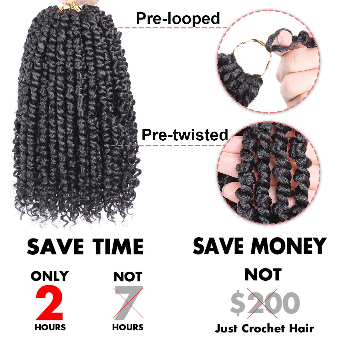 Leeven packaging includes crochet hook and bands for DIY braids.