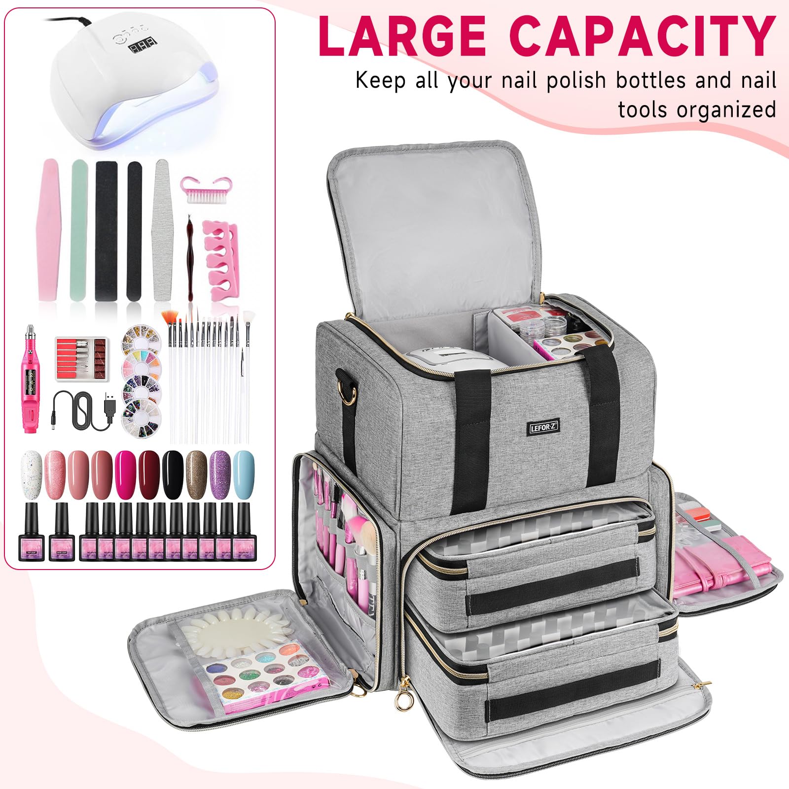 Mesh pockets organize brushes and cuticle tools for fast access.