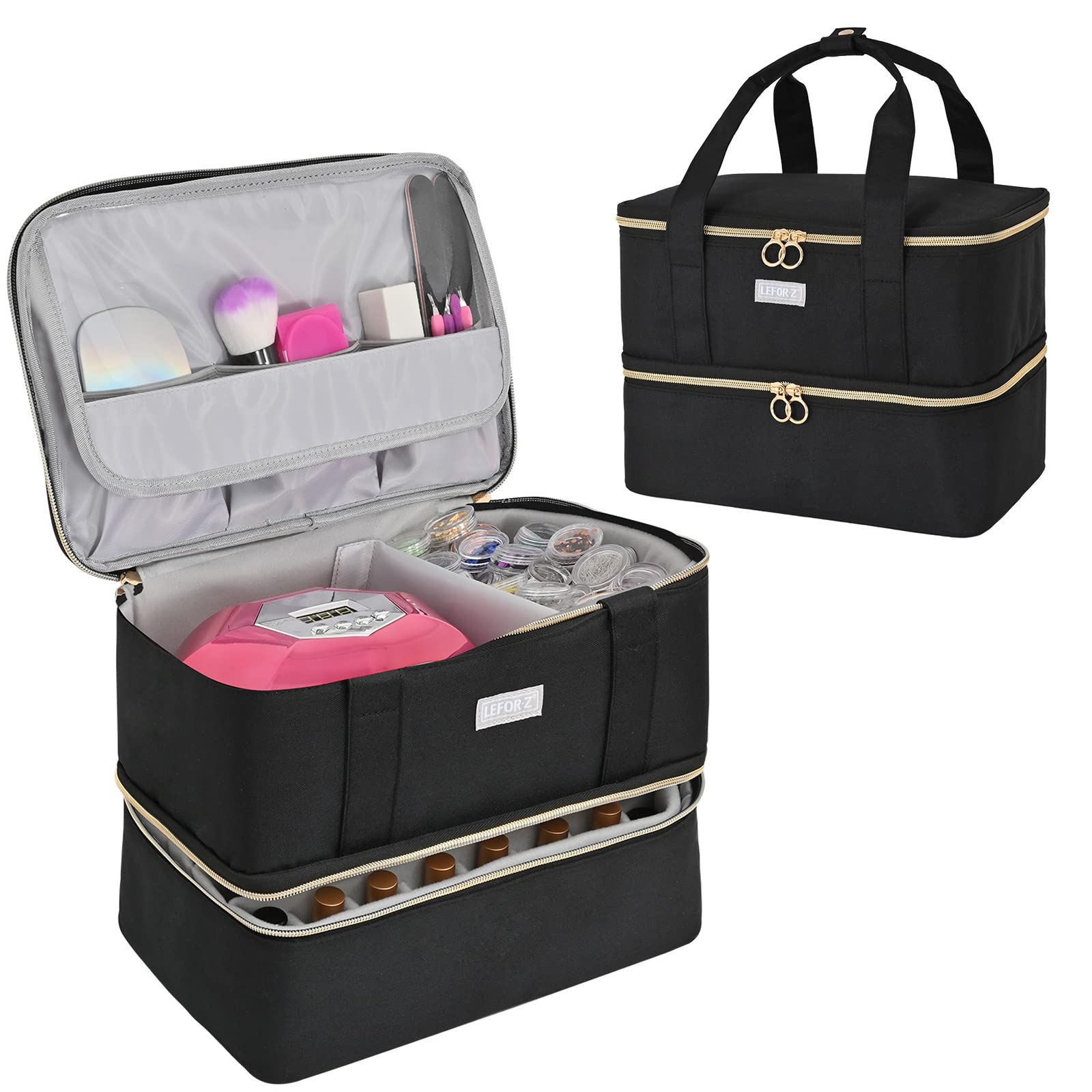 LEFOR·Z Nail Polish Organizer dimensions reference shows 12.2 by 7.9 by 9.1 inches.