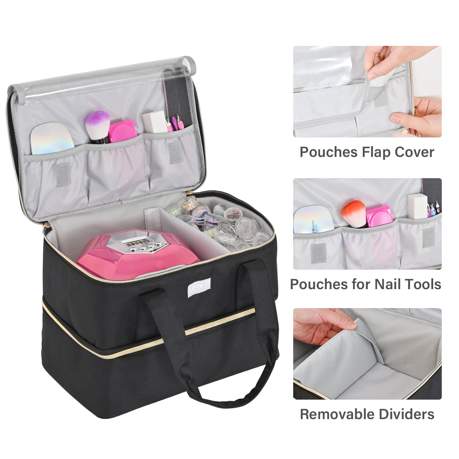 LEFOR·Z Nail Polish Organizer removable-bottle-divider fits 40 x 15ml bottles securely.