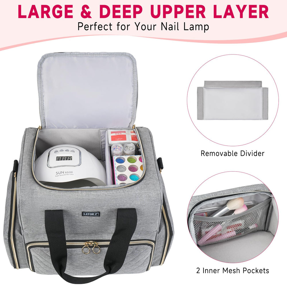 Removable nail polish cases keep bottles secure during travel.