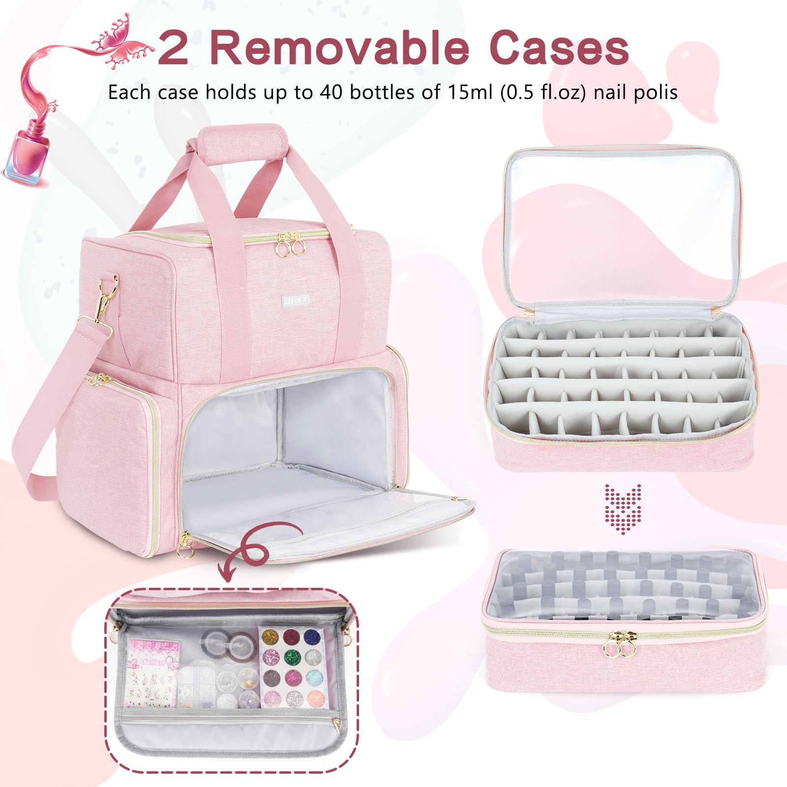 LEFOR·Z removable cases securely holding polishes for travel and makeup use