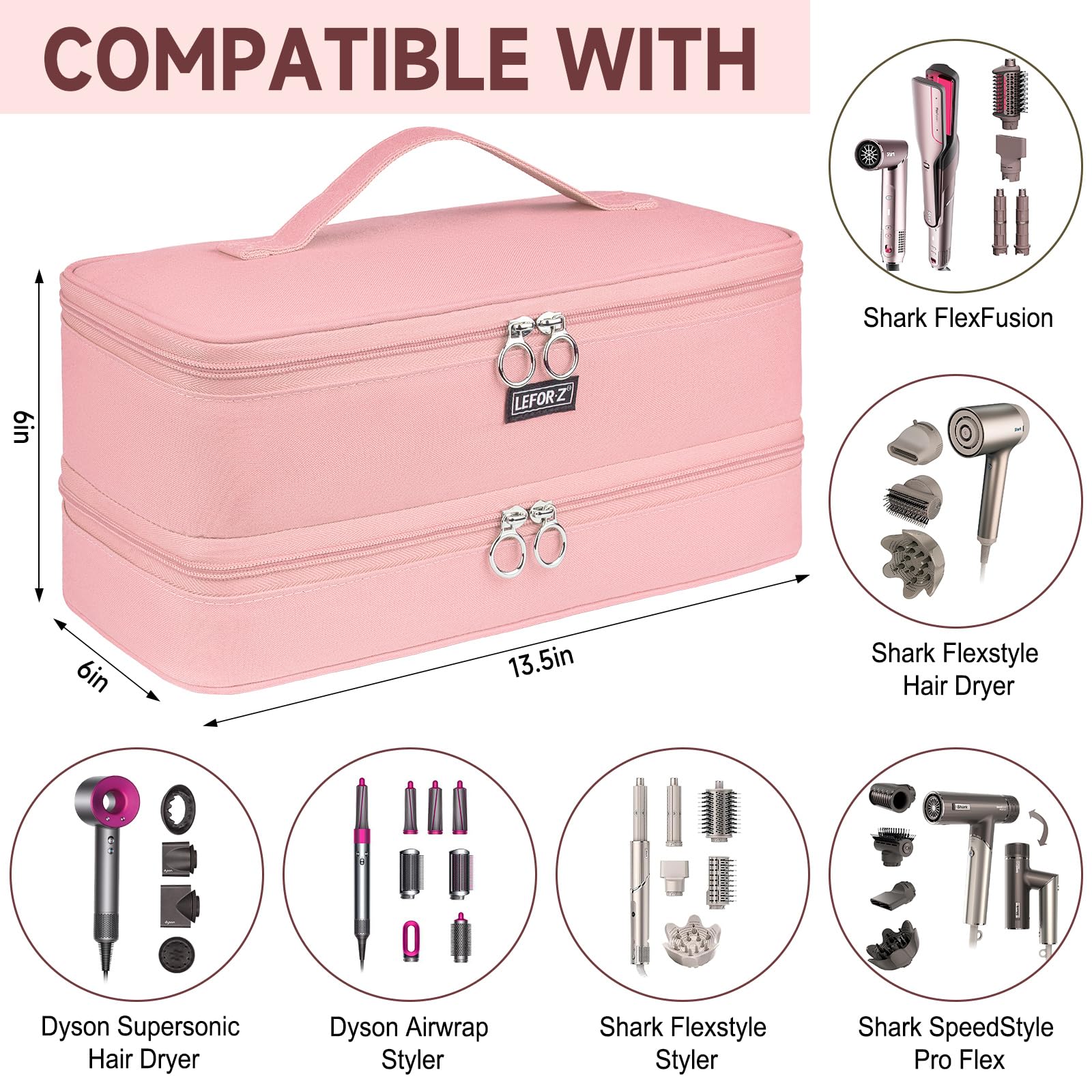 LEFOR·Z pink case for Dyson Airwrap attachments neatly secured for transport.
