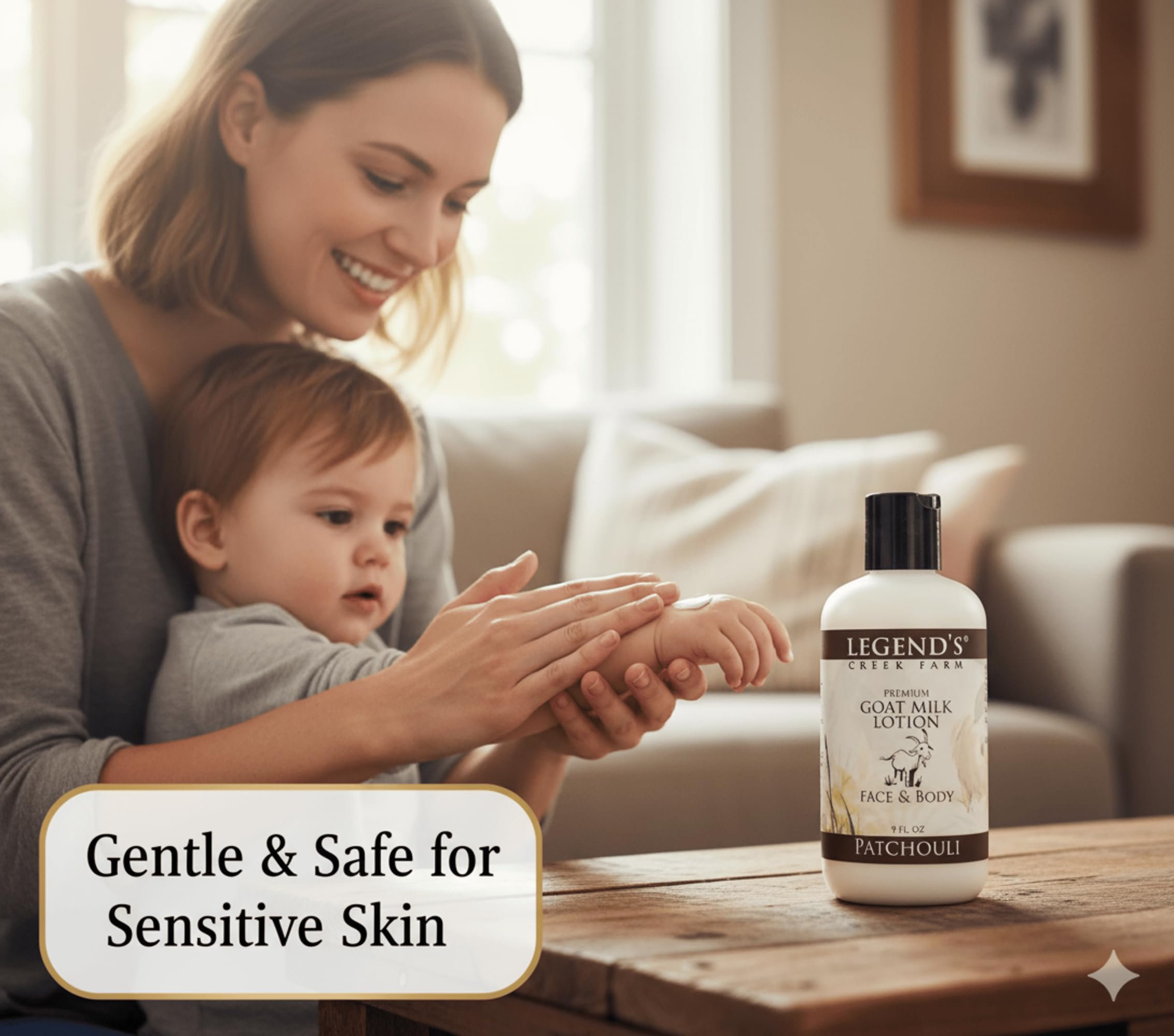 Legend's Creek Goat Milk Lotion aloe content close-up implies soothing hydration after bath.