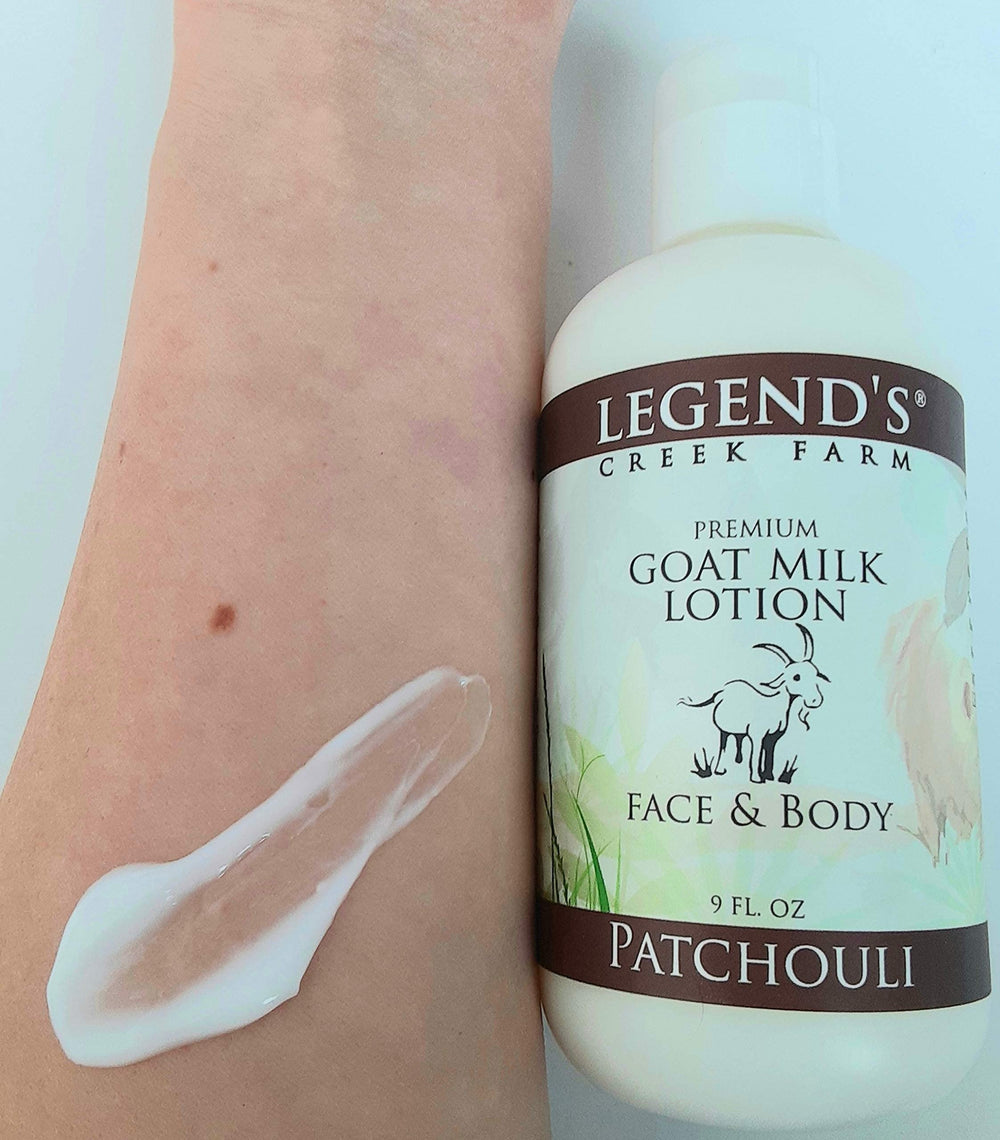 Legend's Creek Goat Milk Lotion elbows-and-knees image suggests targeted dryness relief and smoother skin.
