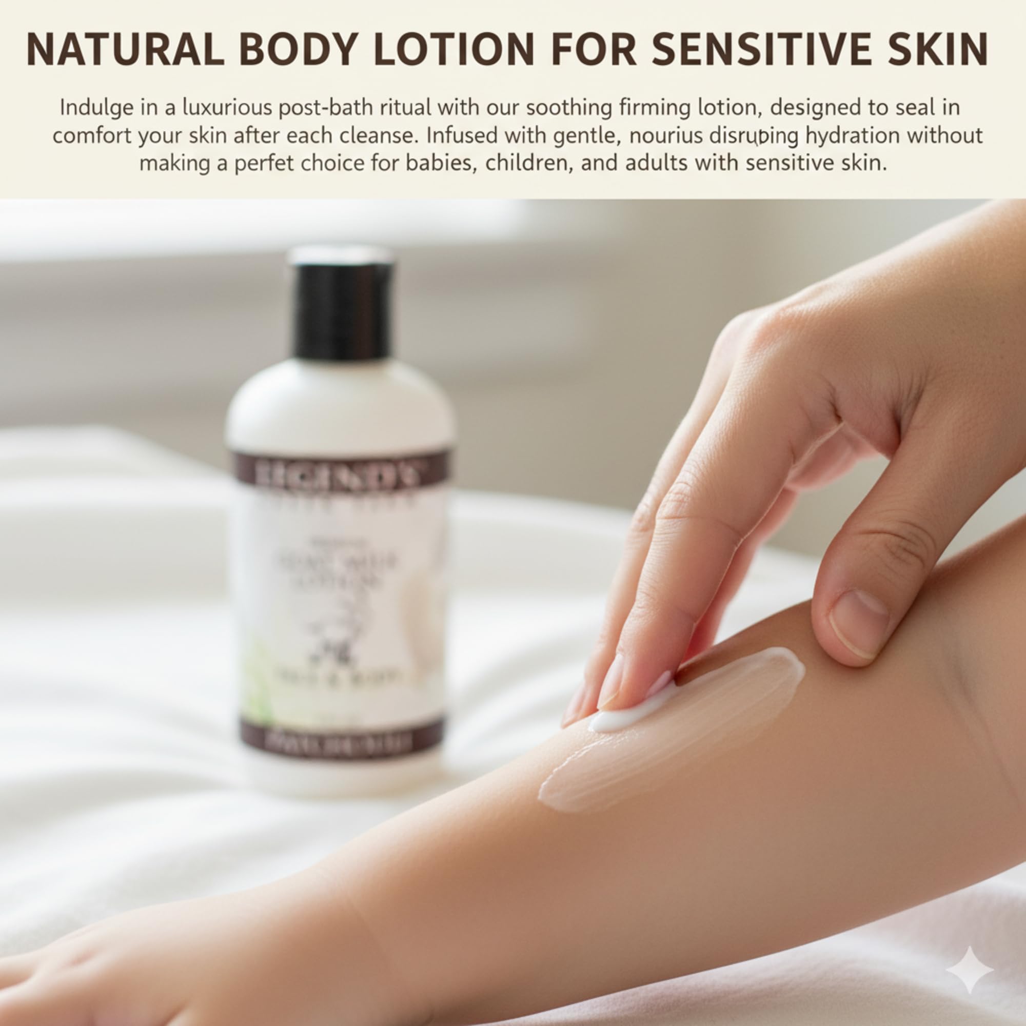 Legend's Creek Goat Milk Lotion hand-face-body usage photo communicates versatile hydration for the whole day.