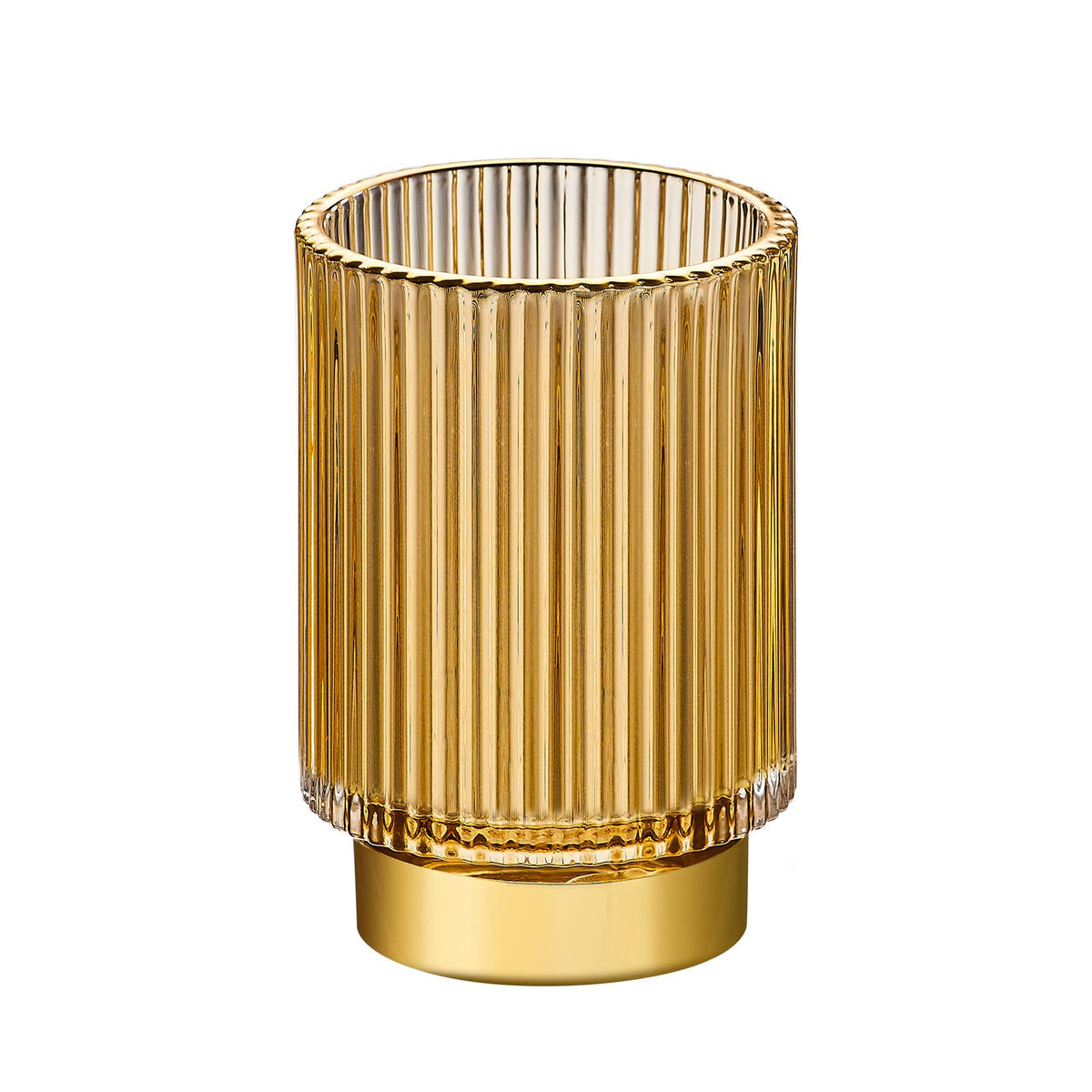 LEICURACE vintage glass brush cup with gold base enhances vanity organization.