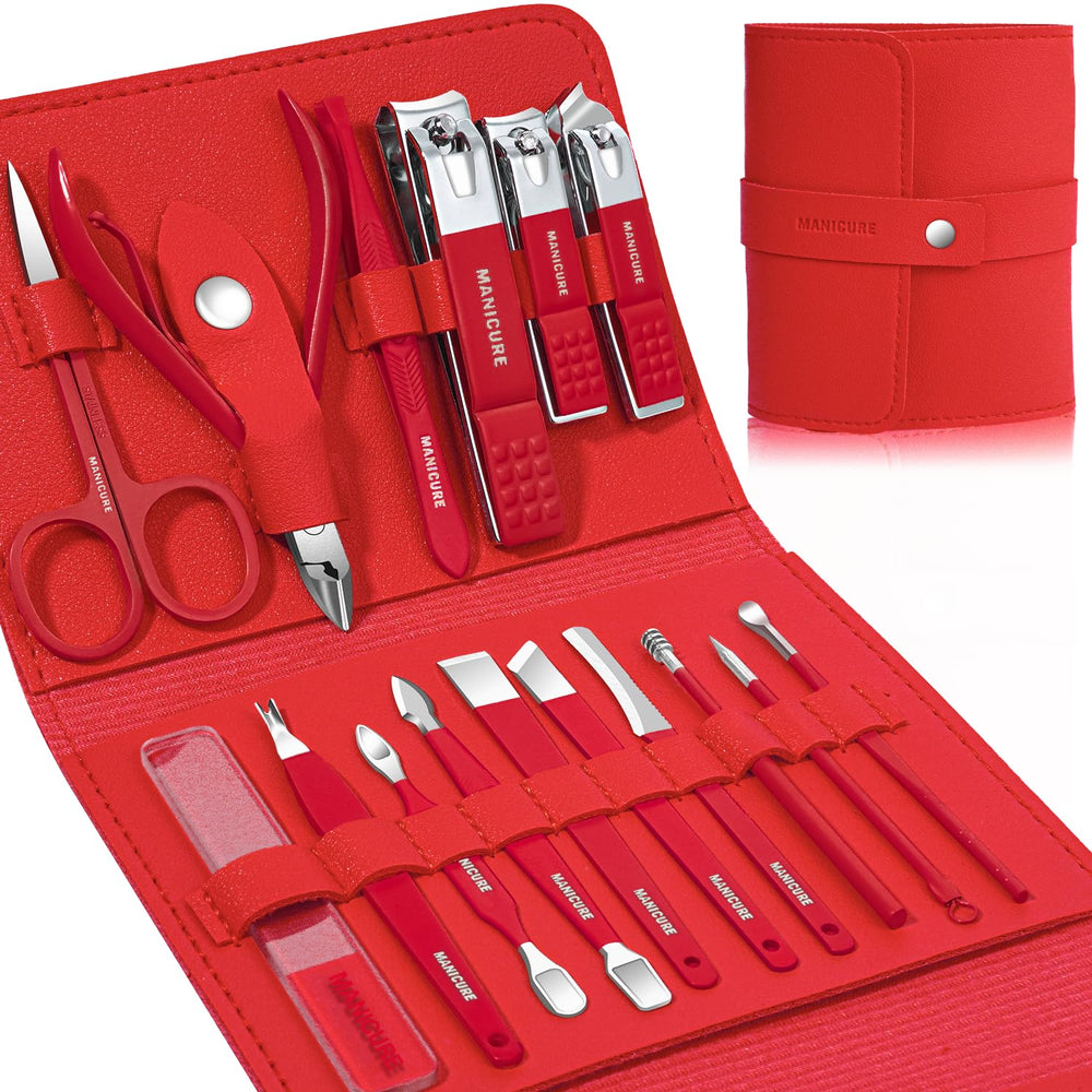 Leipple manicure set red-case shows 16 tools for precise grooming on the go.