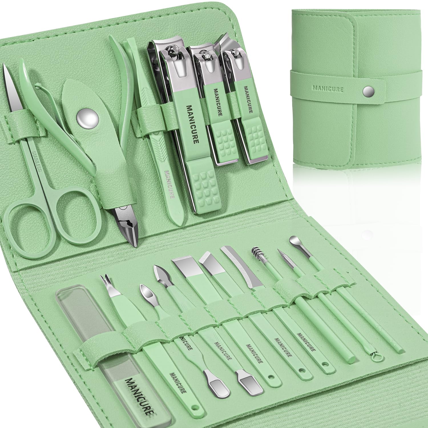 Leipple manicure set leather case green showing portable grooming