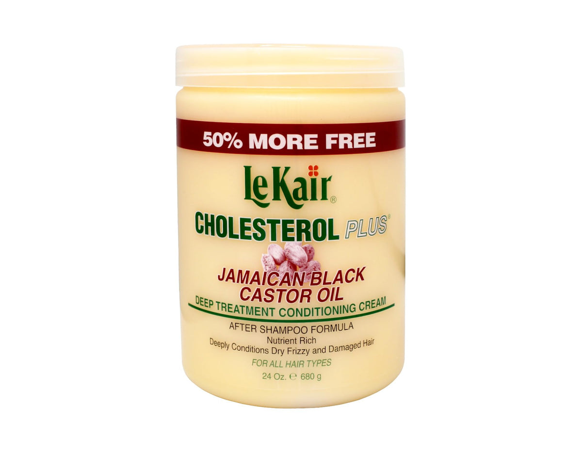 LeKair Cholesterol Plus cream jar closeup showing rich hydration for damaged hair