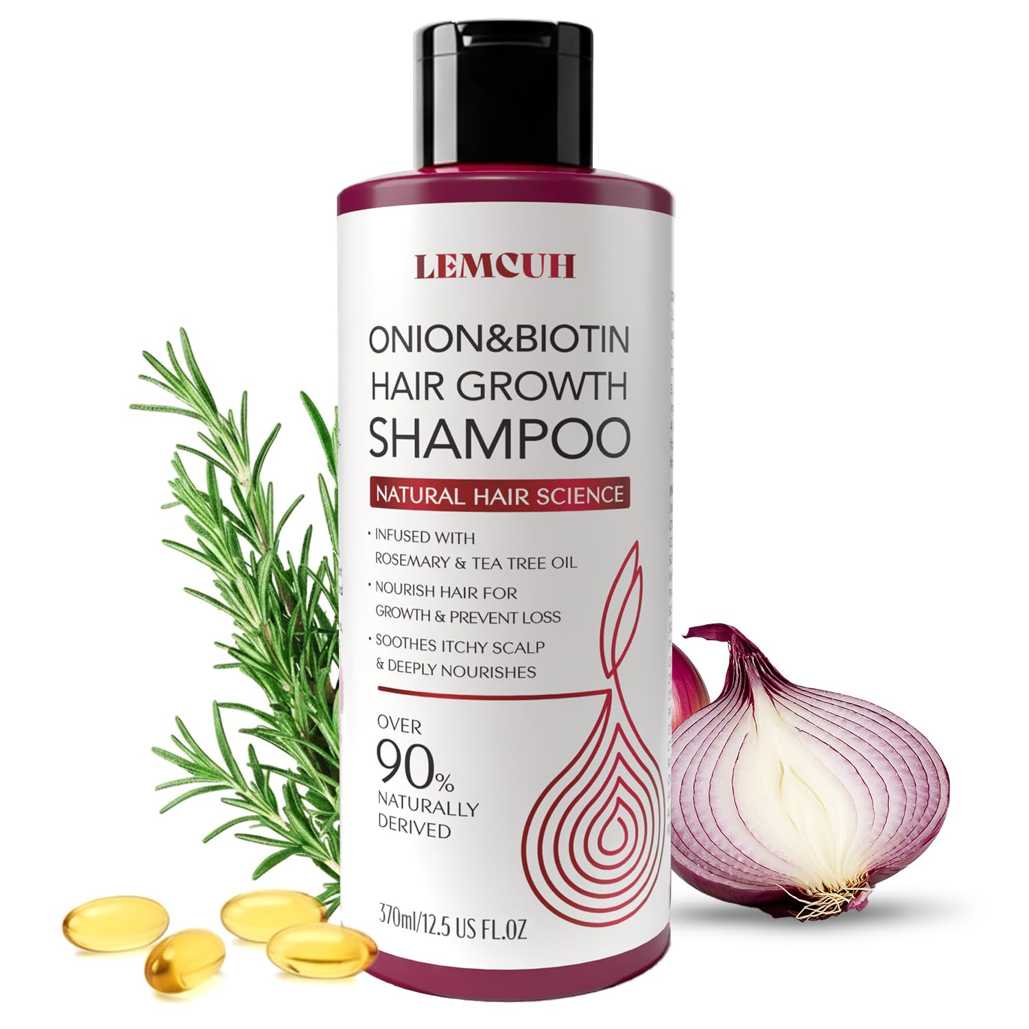 Lemcuh Onion Biotin Shampoo bottle closeup highlighting nourishing formula for fuller hair