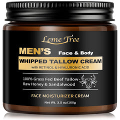 LemeTree men beef tallow face cream jar shows rich whipped texture for deep hydration.