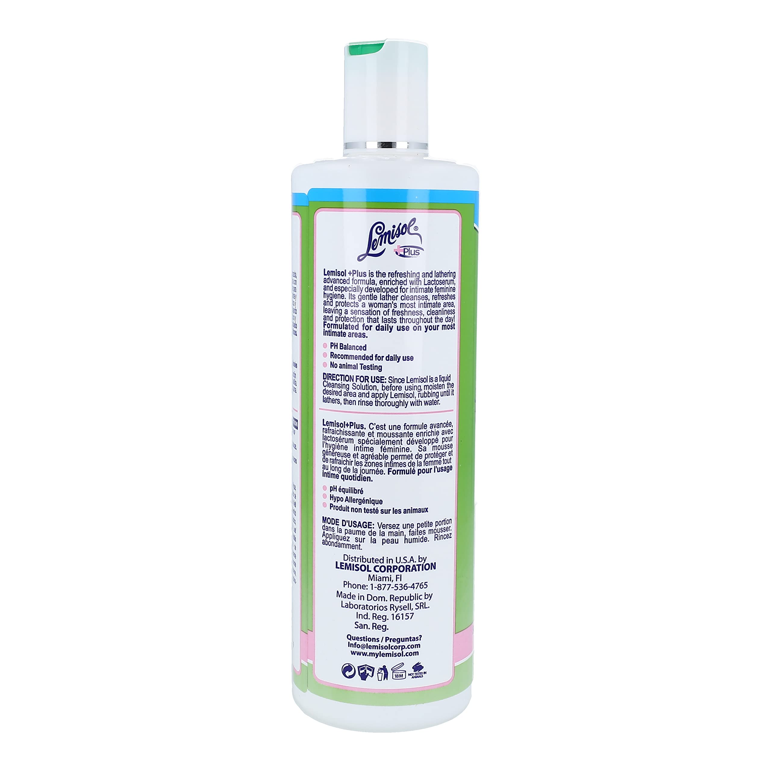 Lemisol Plus aloe chamomile bottle close-up suggests soothing daily care.