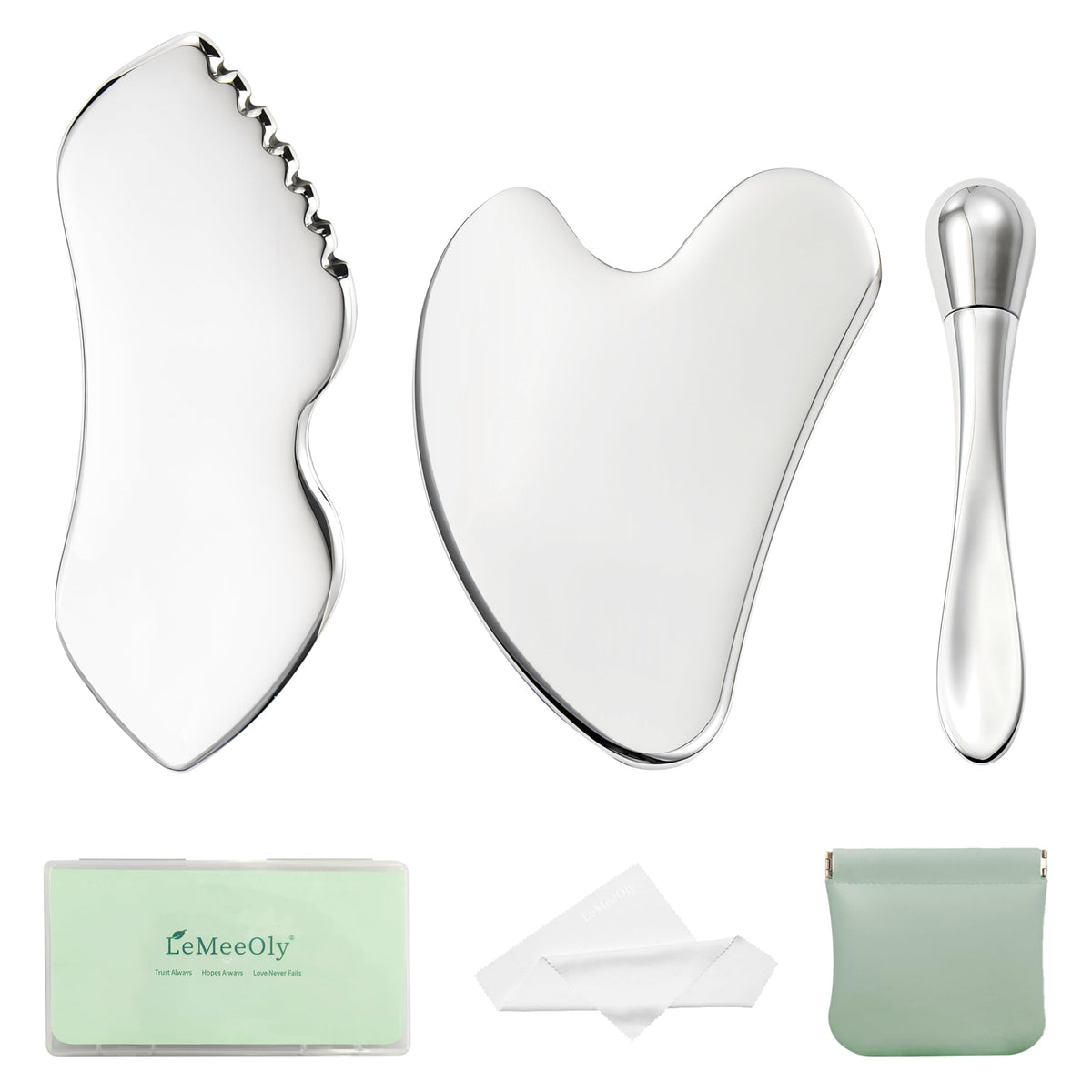 LeMeeOly 3pc Gua Sha set features face-edge tools for precise sculpting and facial massage.