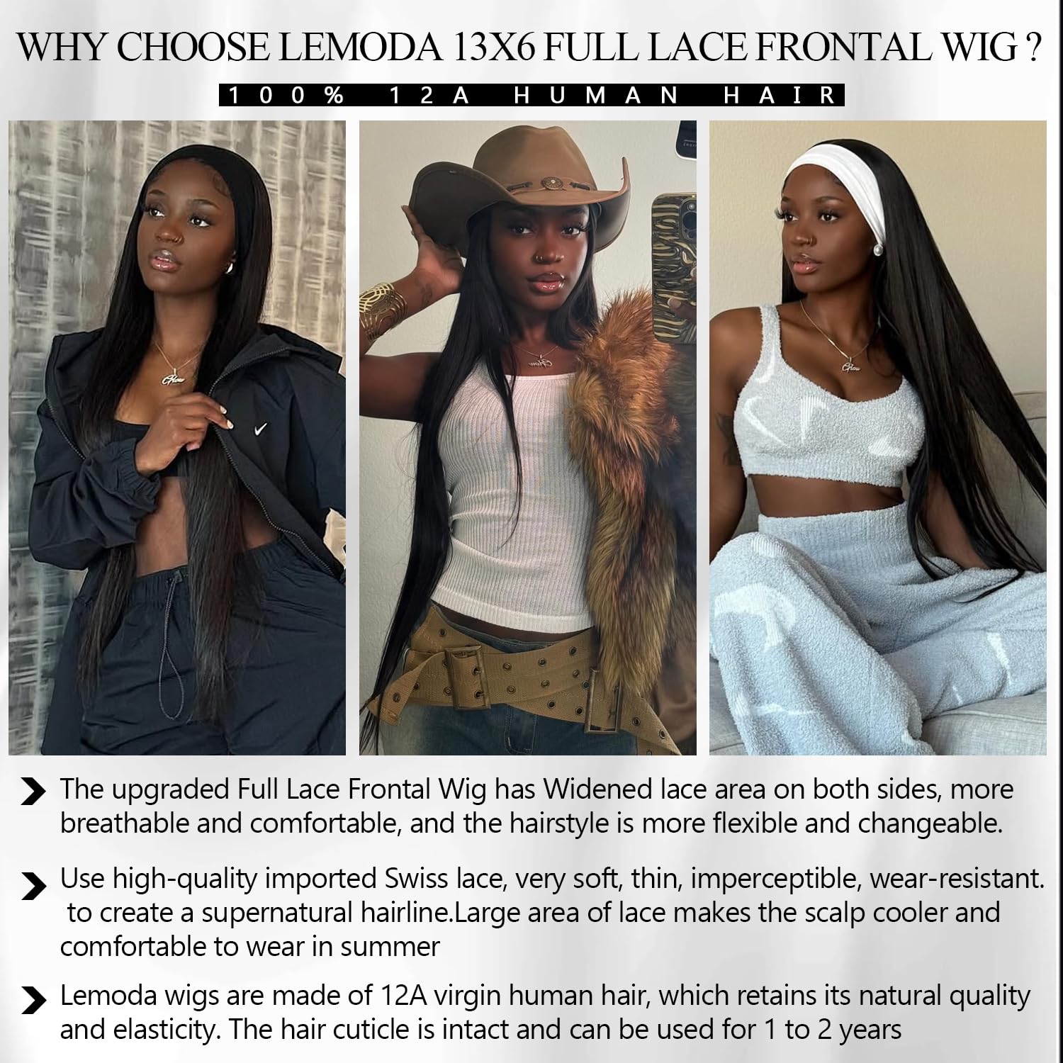 Lemoda HD transparent lace blends with skin for an invisible front look.