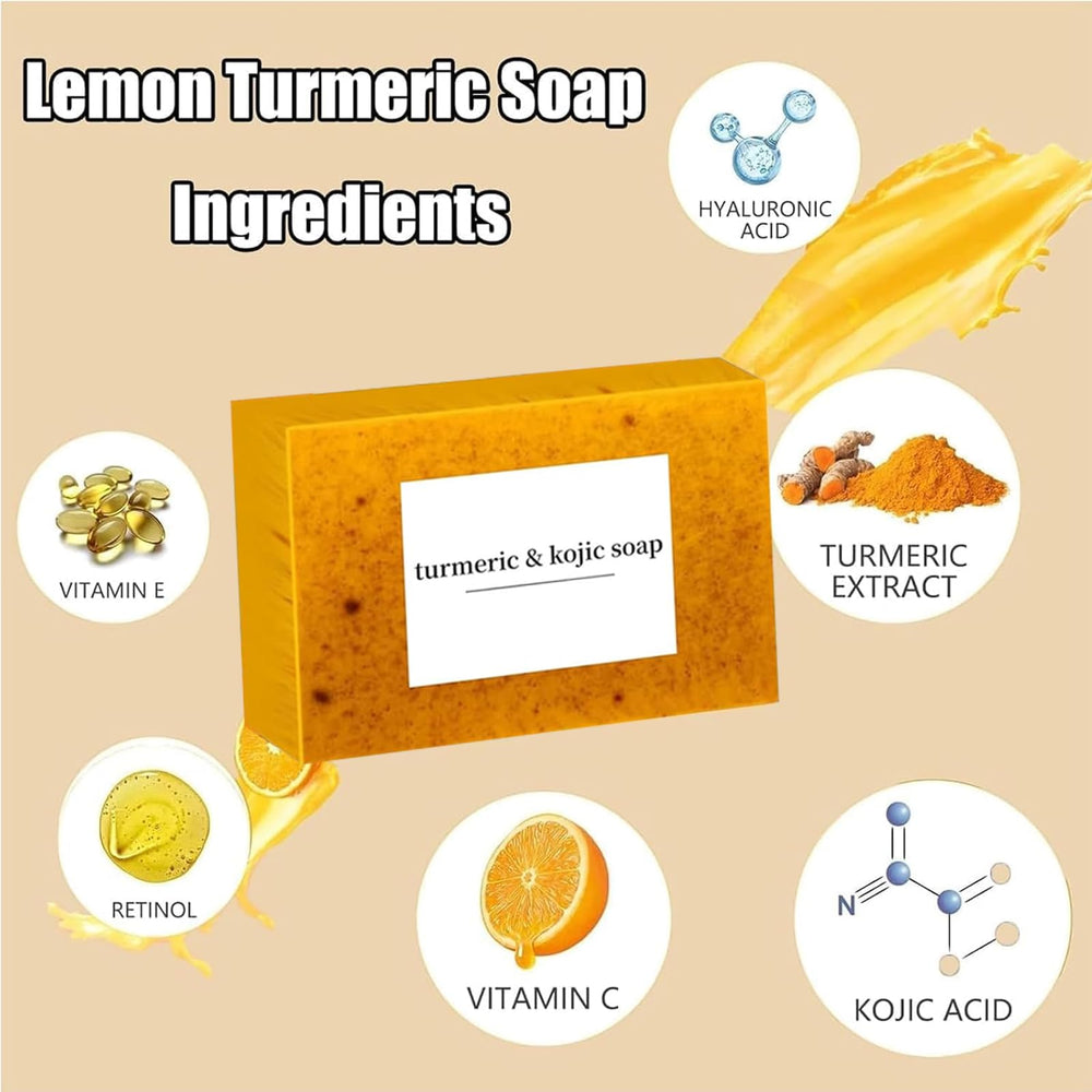 Lemon Turmeric Kojic Soap exfoliating particles help smooth skin over time.