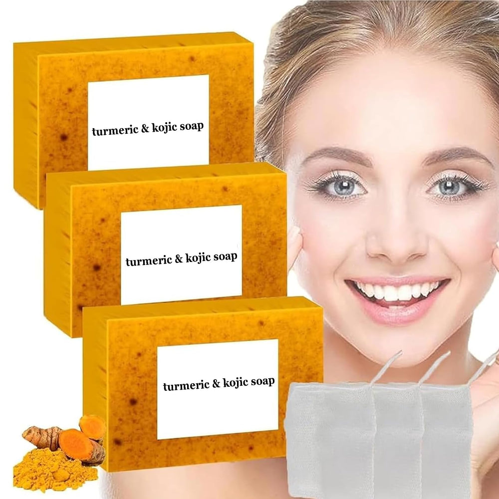 Lemon Turmeric Kojic Soap packaging shows 3 bars for convenient cleansing.