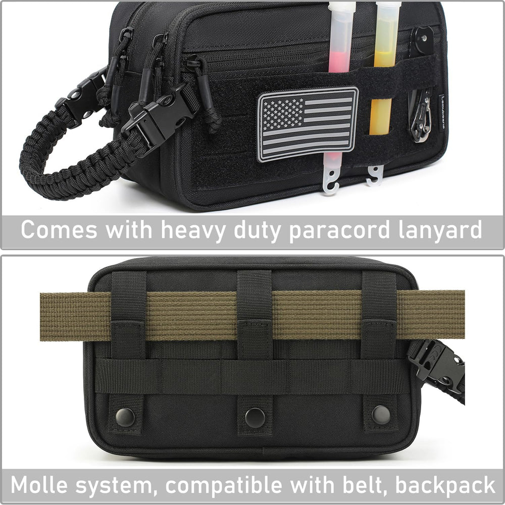 Lemubeane tactical toiletry bag back view shows MOLLE compatibility for external attachment