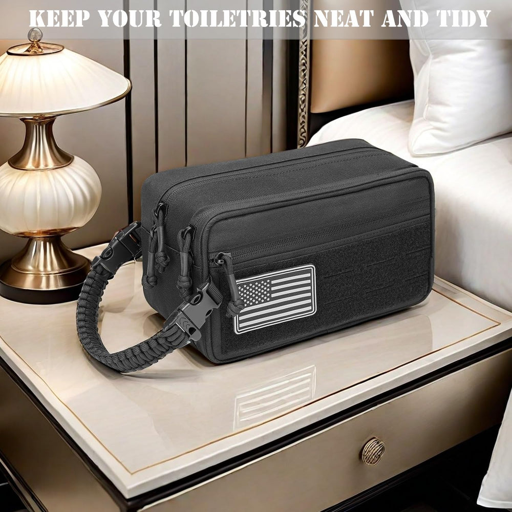 Lemubeane-tactical-toiletry-bag-wet-dry-separation shows damp towels separated from dry items
