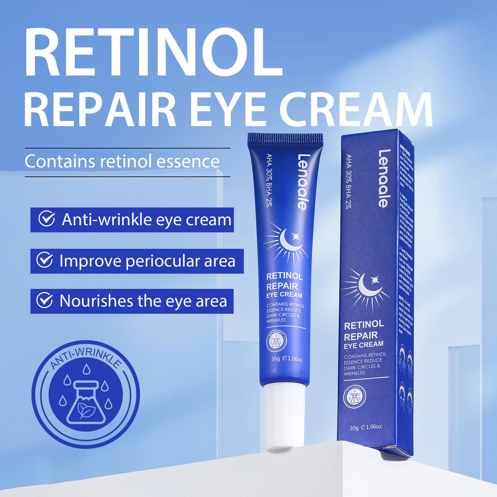 Lenaale Retinol Eye Cream hydration-boost demonstrates moisture lock for well-nourished under-eye area.