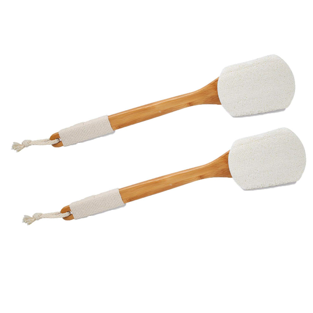 Leotruny back brush shows wooden handle for firm grip during exfoliation