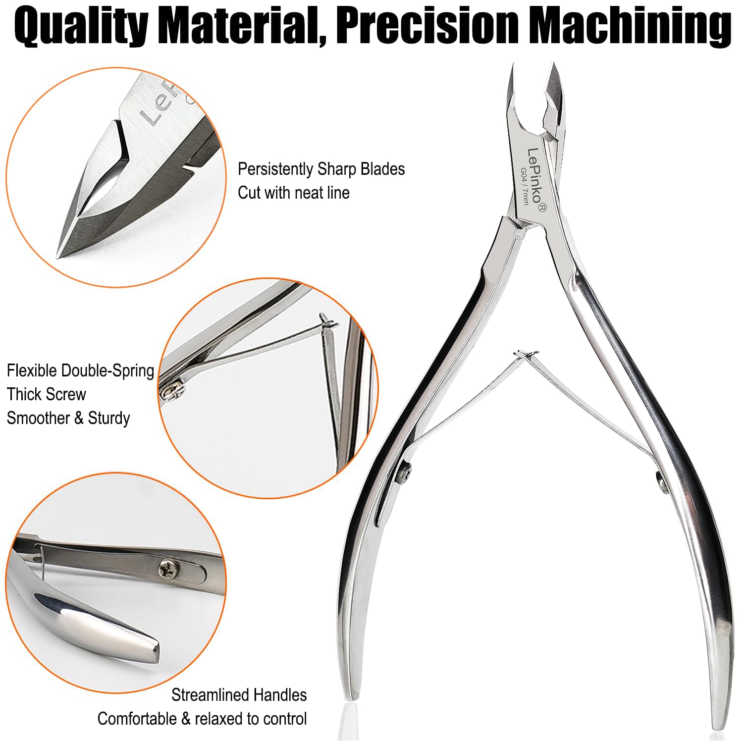 Close-up of LePinko cuticle trimmer's 5mm jaw for precise trimming near nails.