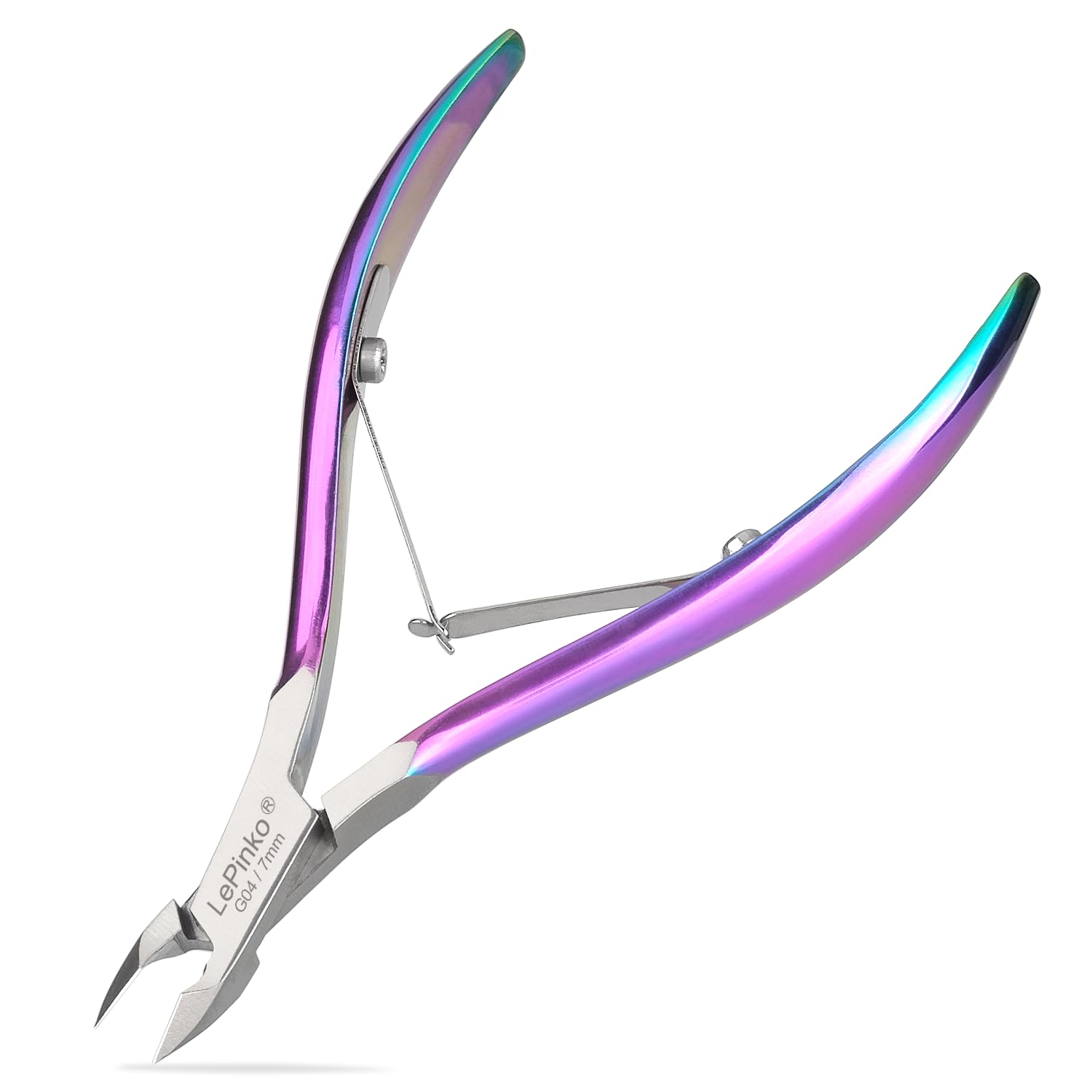 LePinko cuticle trimmer kit rainbow handle close-up showing precise trimming capability.
