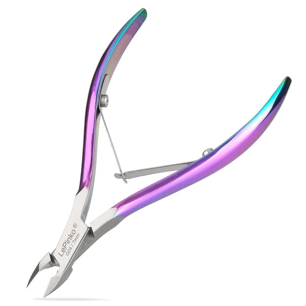 LePinko cuticle trimmer kit rainbow handle close-up showing precise trimming capability.