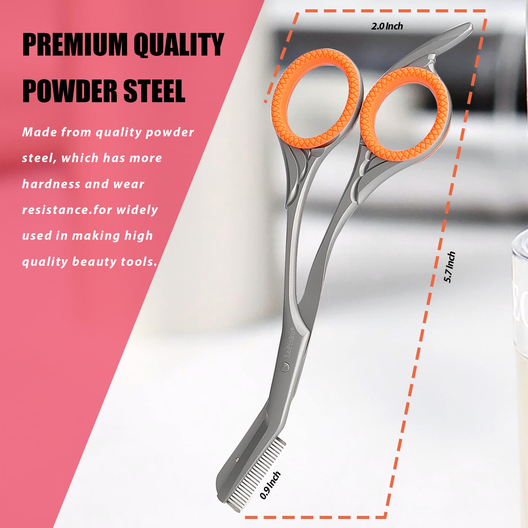 LePinko Eyebrow Trimming Scissors closeup blade for clean, controlled trims