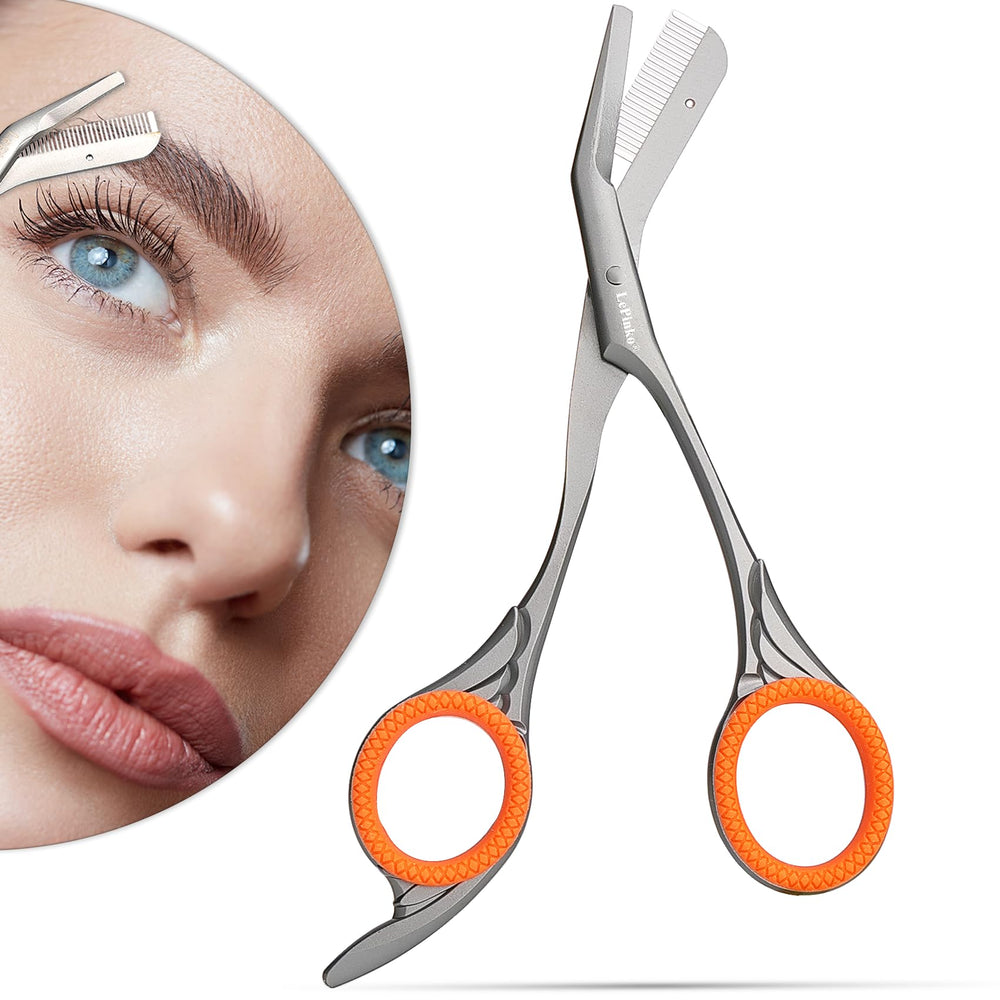 LePinko Eyebrow Trimming Scissors with Combs gray handle for precise shaping and easy grooming