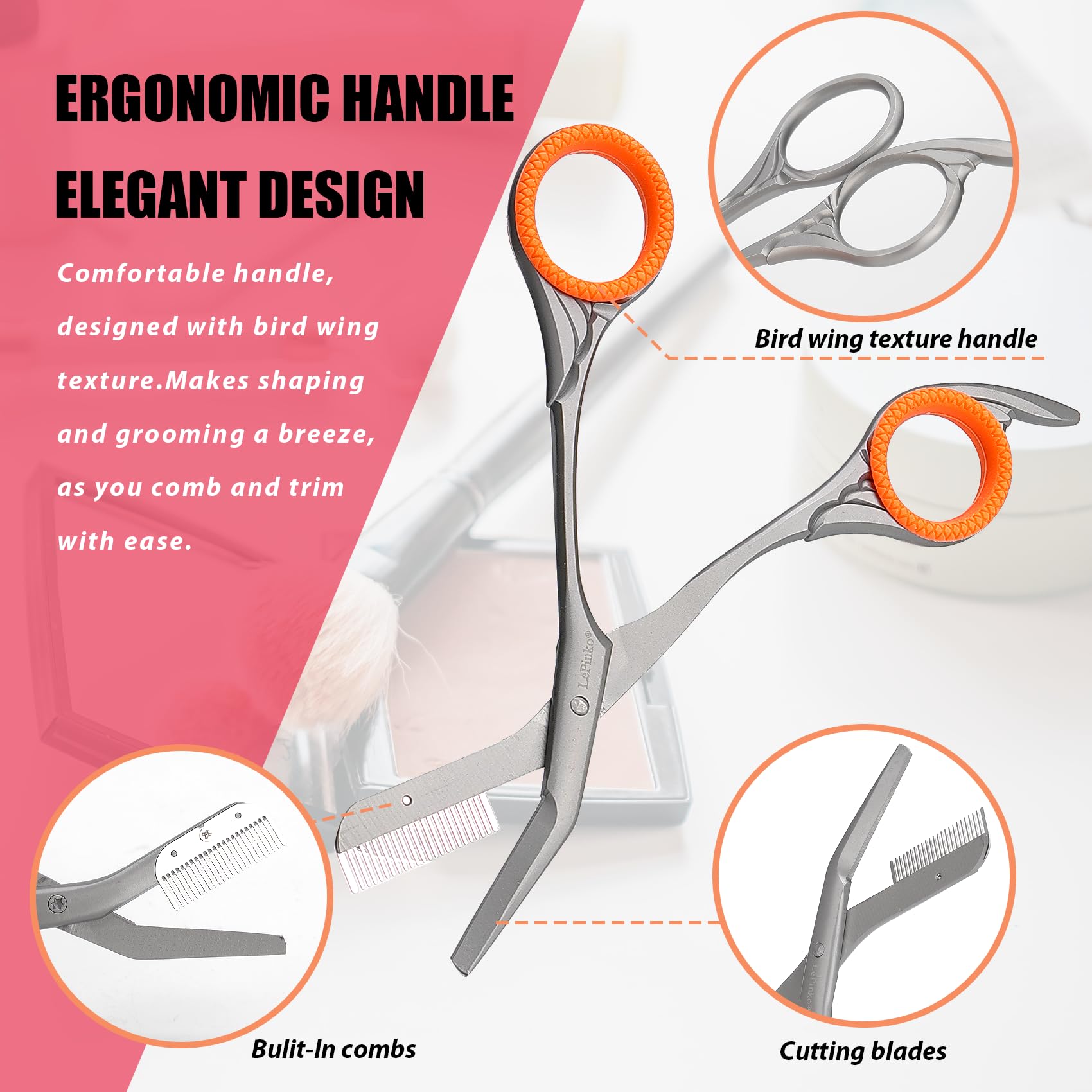 LePinko Eyebrow Trimming Scissors ergonomic bird-wing grip for comfortable control during grooming