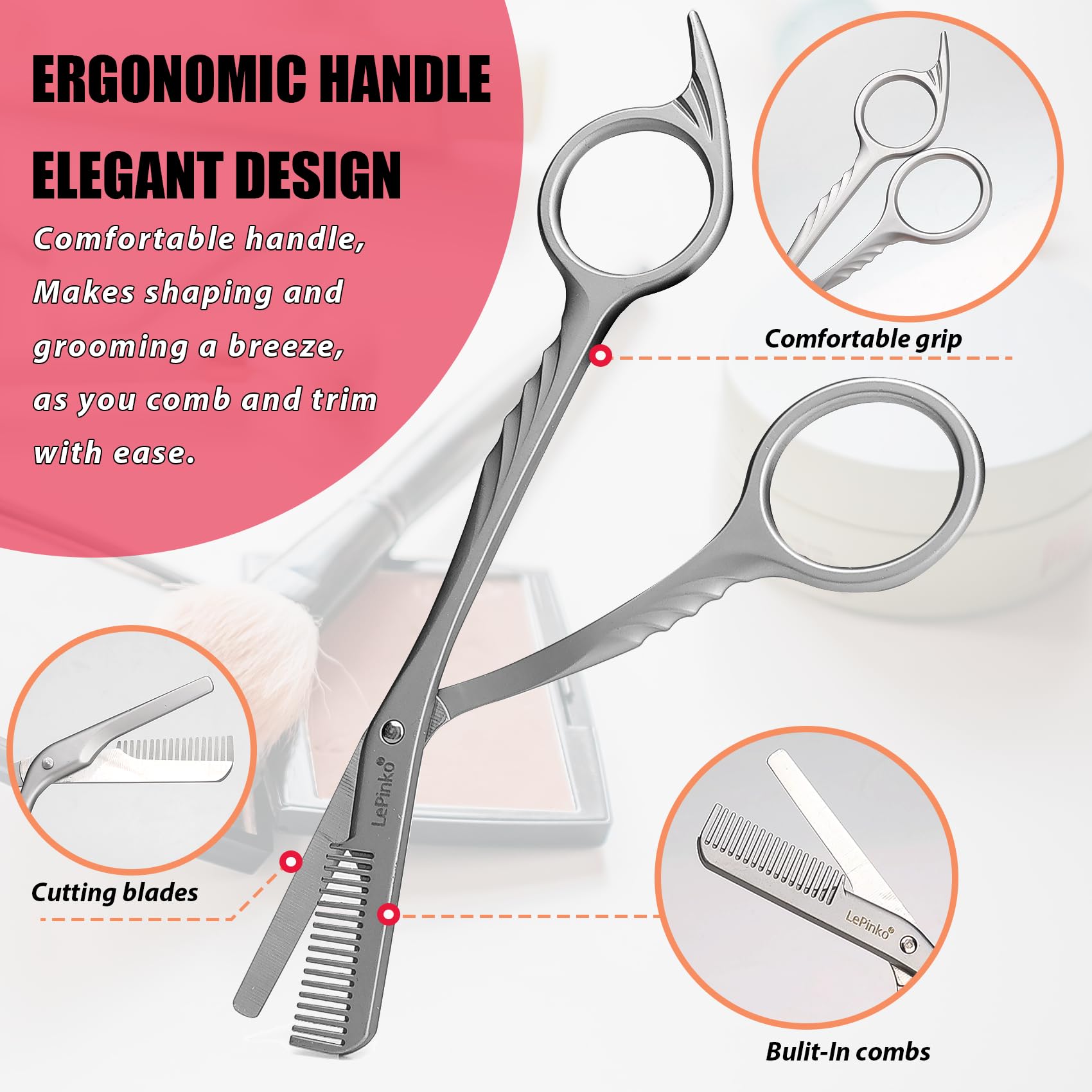 LePinko Eyebrow Trimming Scissors powder-steel body delivers durability and precision.
